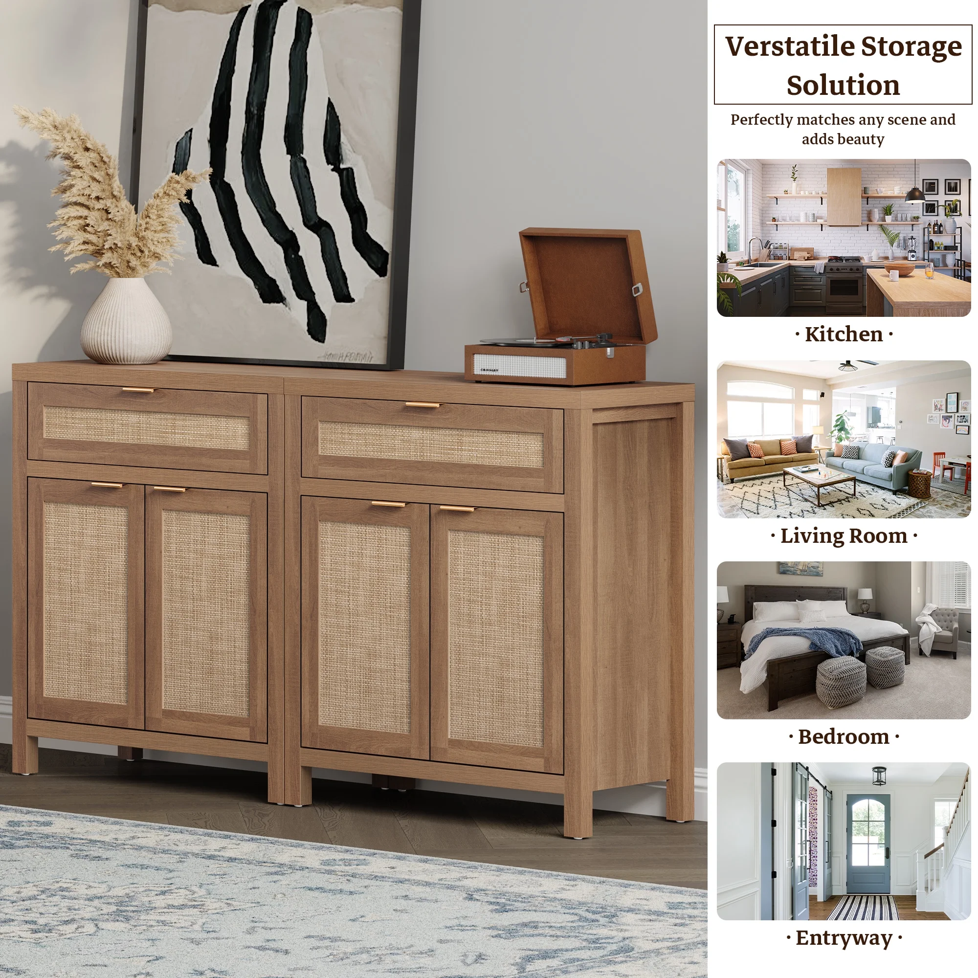 Surmoby Sideboard Buffet Cabinet Set of 2,Boho Storage Cabinets with Rattan Doors and Drawer,Farmhouse Accent Cabinet for Dining Room Living Room(Oak,2PCS)