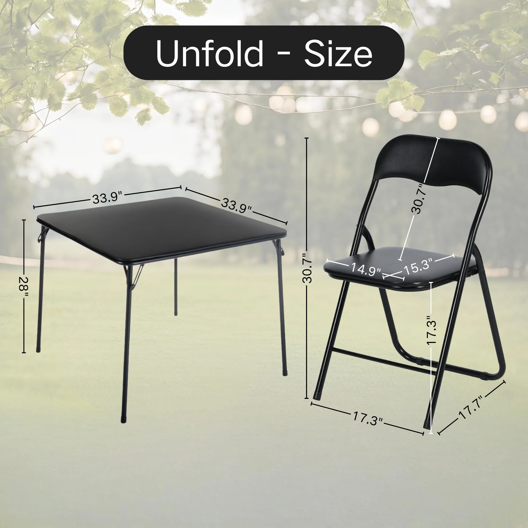 7 Piece Folding Card Table with 6 Foldable Chairs C 33.9 Inch Square Metal Construction for Indoor & Outdoor Games and Recreation Black