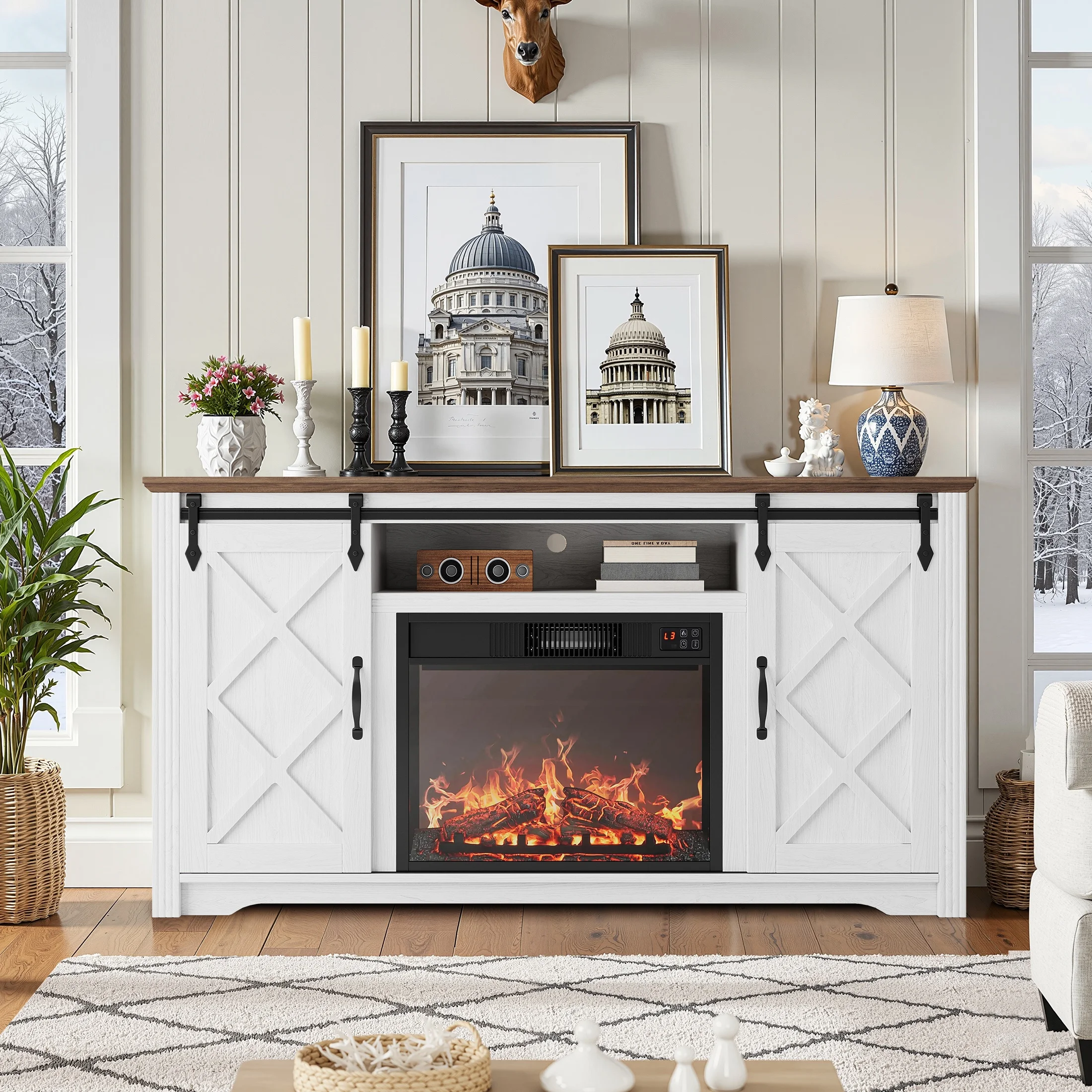 SESSLIFE Fireplace TV Stand for 65 Inch TV, 30'' Tall Farmhouse TV Stand with 2 Drawers & Sliding Barn Door, Entertainment Center with 3D Flame Electric Fireplace Heater, White+Brown