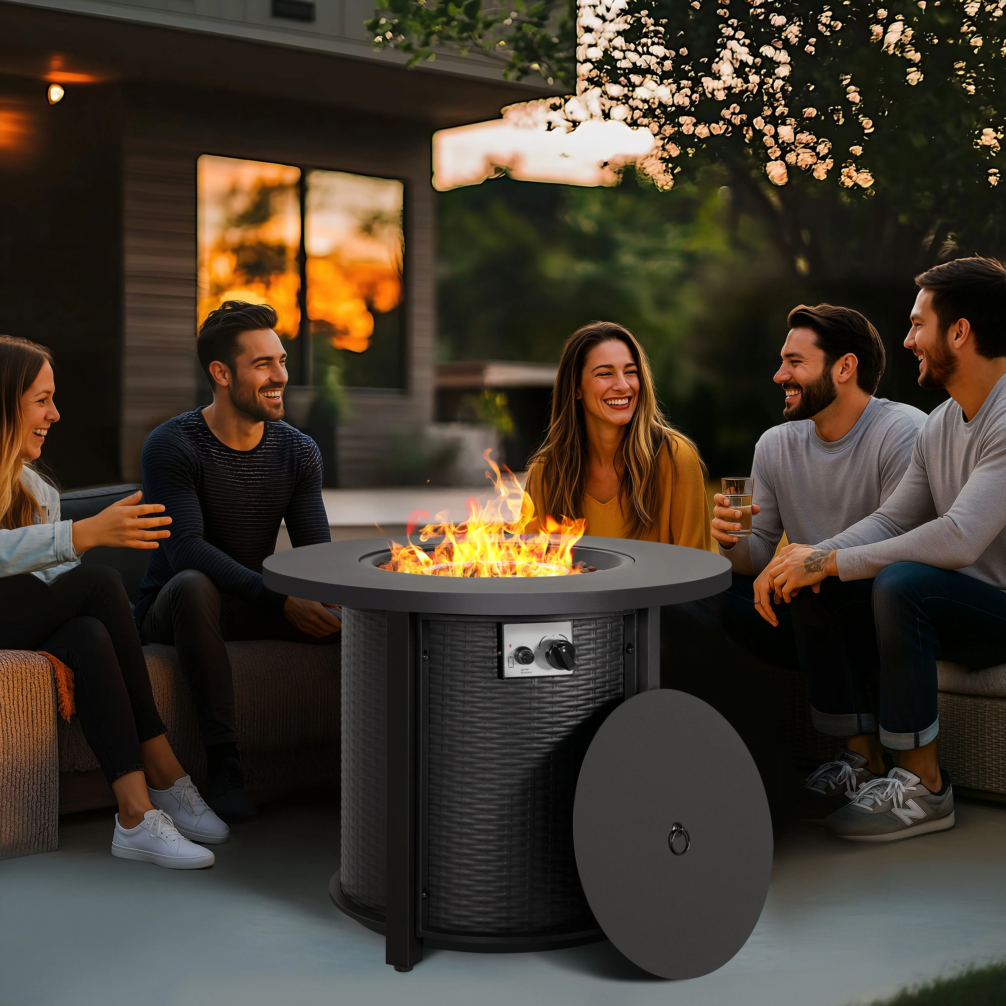 Nuu Garden Outdoor Metal 30'' Round Propane Fire Pit Table with Rattan Embossed Pattern, CSA-Certified 2 in 1 Round Gas Fire Pit Table with Lid & Lava Rocks, Patio Round Gas Fire Pit, Black