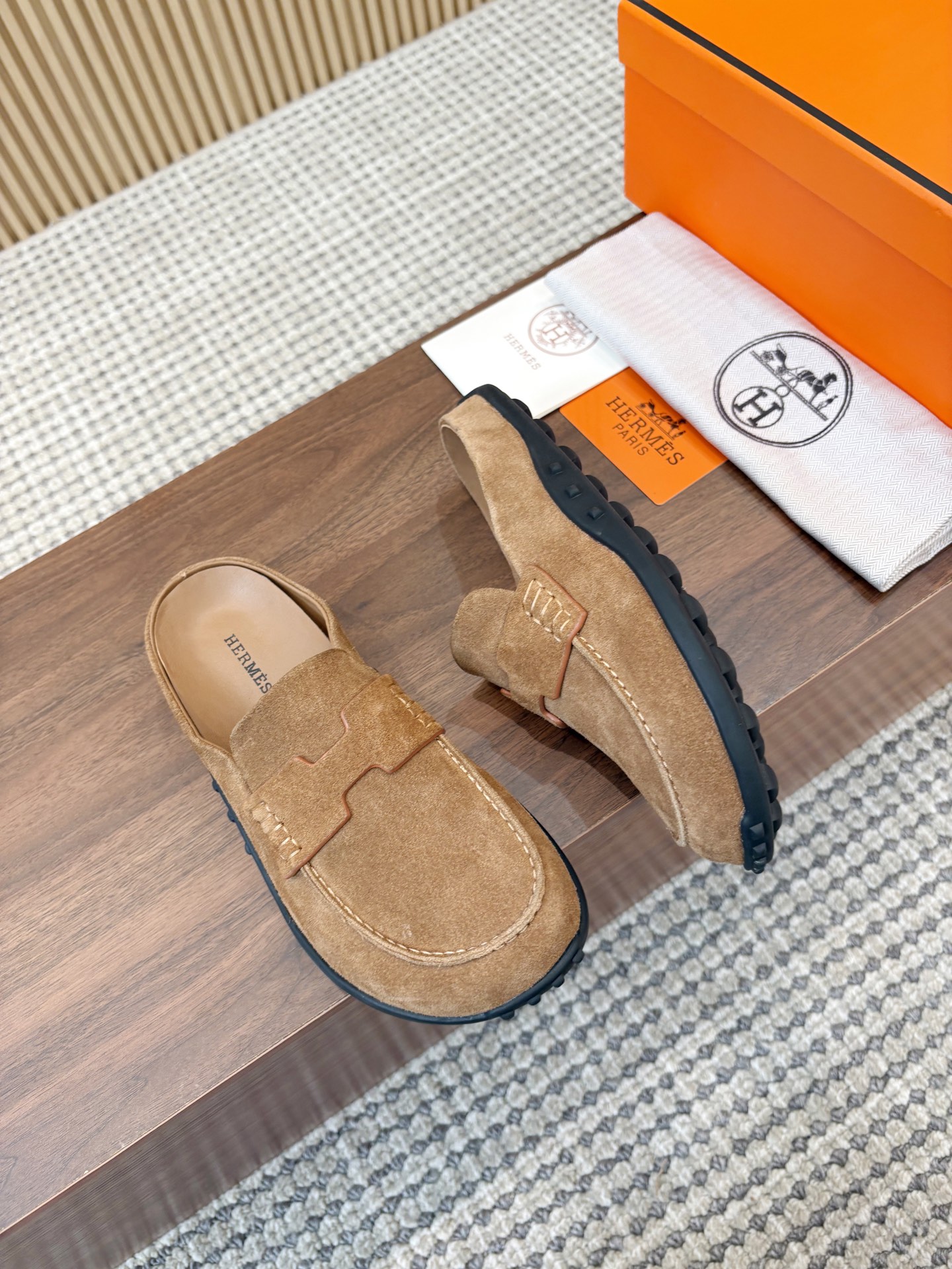 Hermès Brun Fumé H Cut-Out Suede Leather Go Loafer Mules