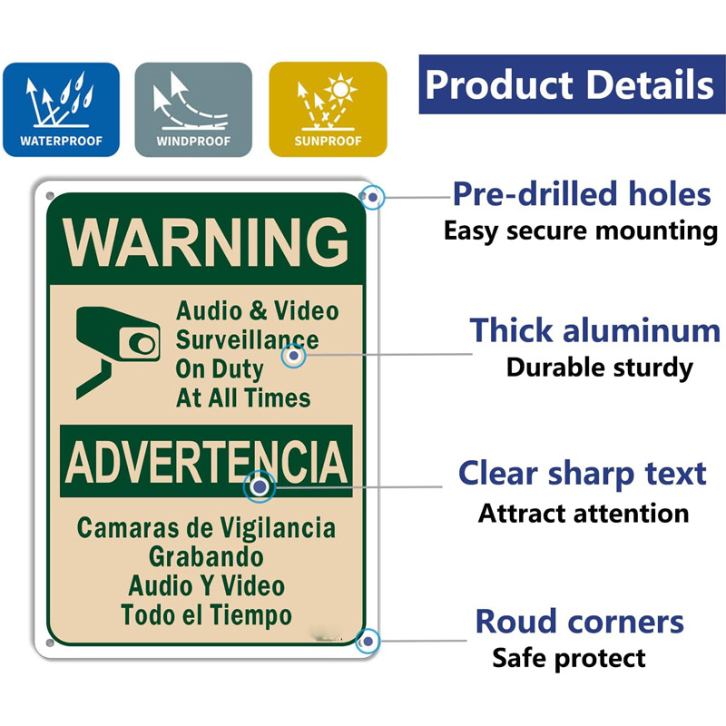 Directly supplied by cross-border manufacturers: warning audio and video surveillance, always on duty, bilingual Spanish safety sign, aluminum plate