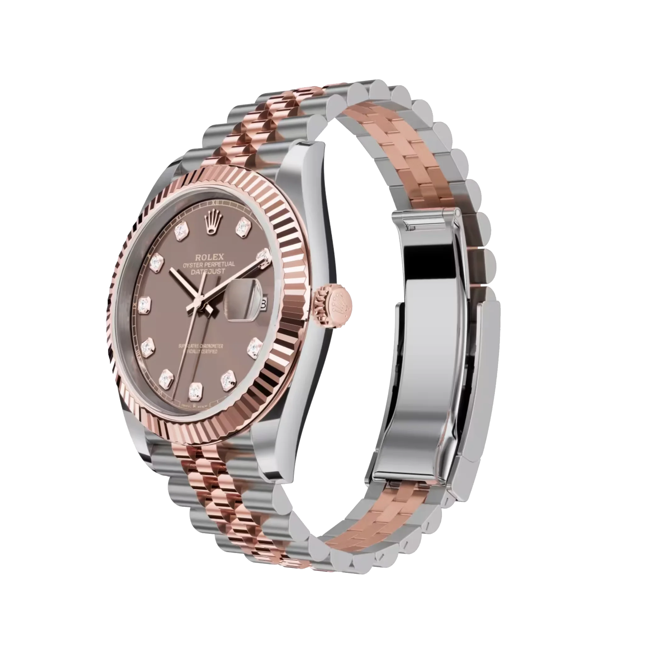 Rolex Datejust: Oystersteel and Everose gold, chocolate, diamond-set dial, Jubilee bracelet, m126331-0004