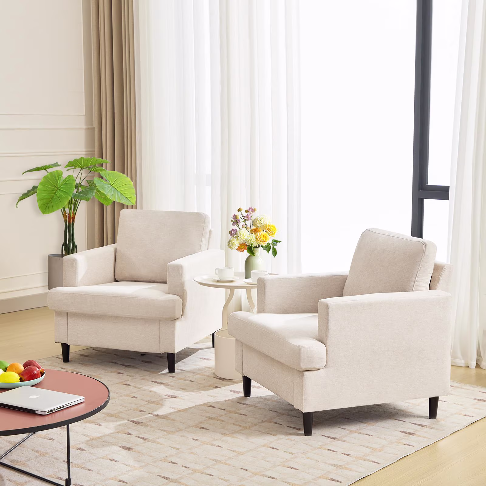 Comfortable Mid-Century Accent Armchairs Set – Upholstered Fabric, Thick Cushions, Solid Wood Legs – Single Sofa Chairs for Living Room or Bedroom – White