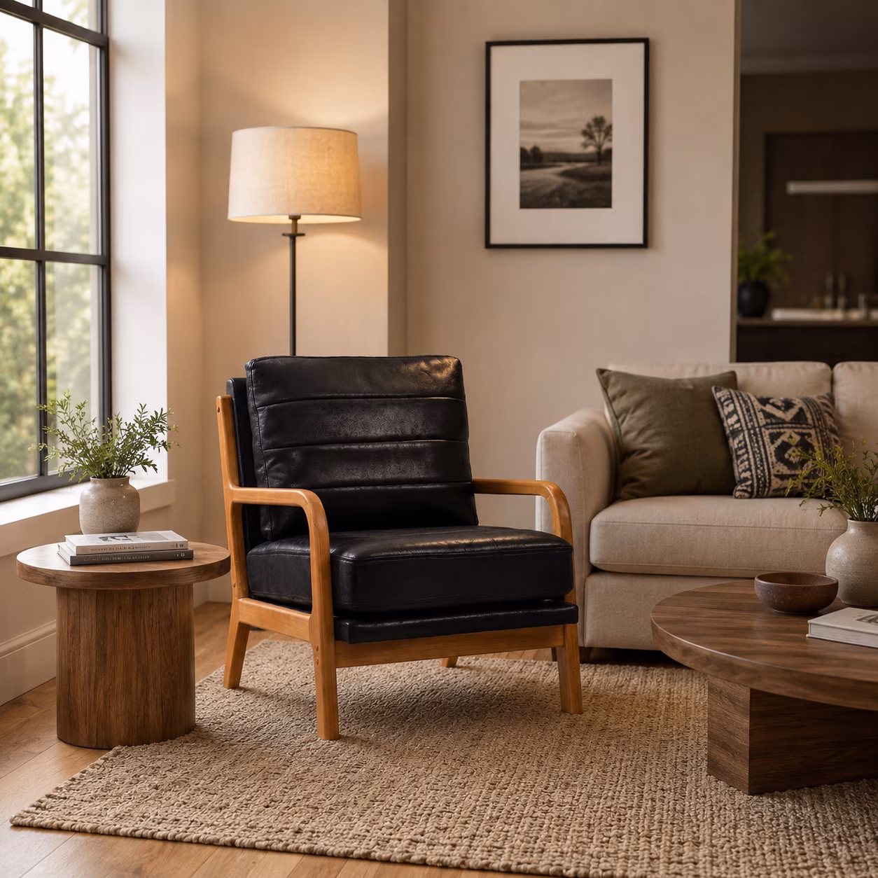 Homy Casa Mid-Century Accent Chair, Upholstered Reading Chair with Wood Frame, Olive Green