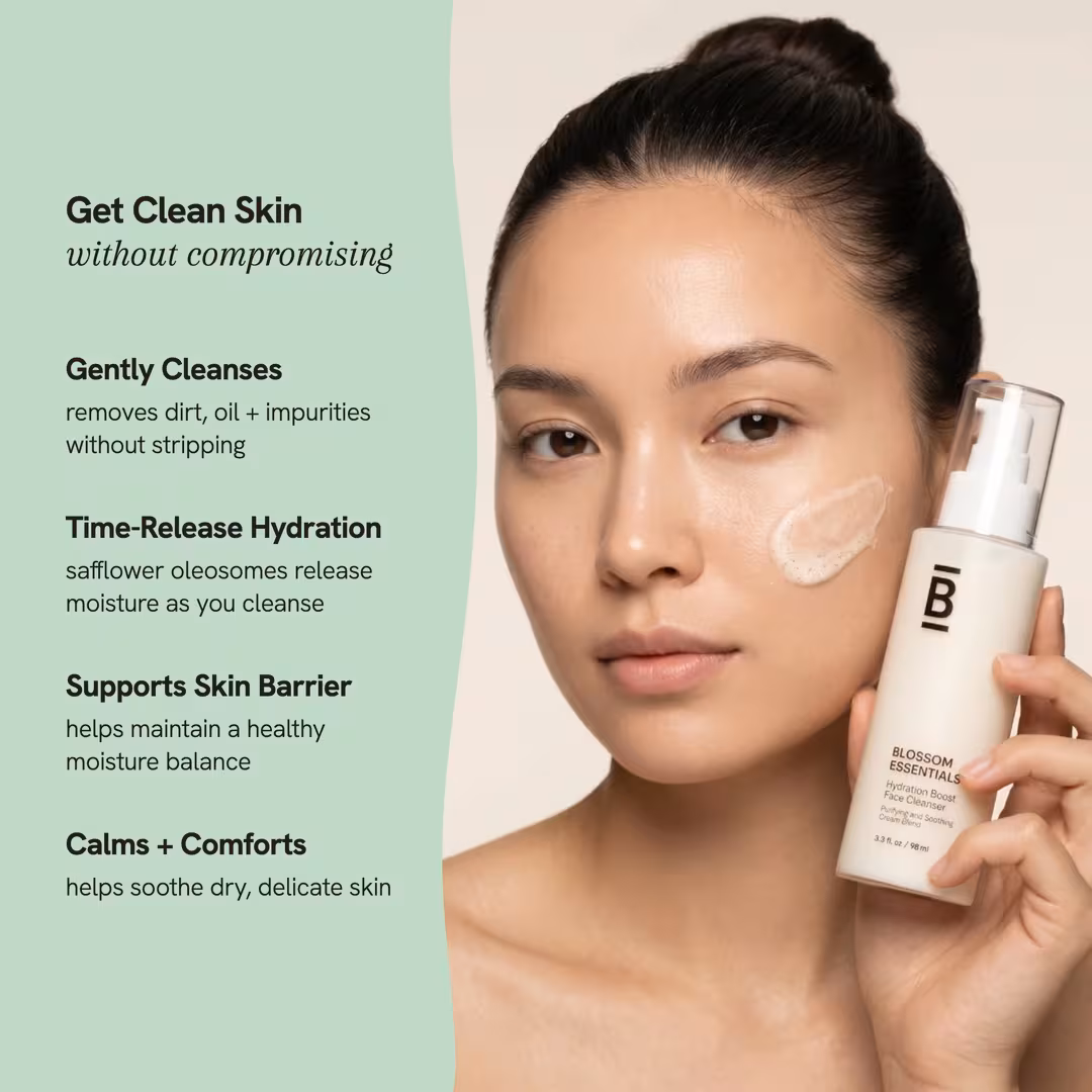 Blossom Essentials  Hydration Boost Face Cleanser - Gentle Hydrating Cream Cleanser for Dry, Sensitive Skin