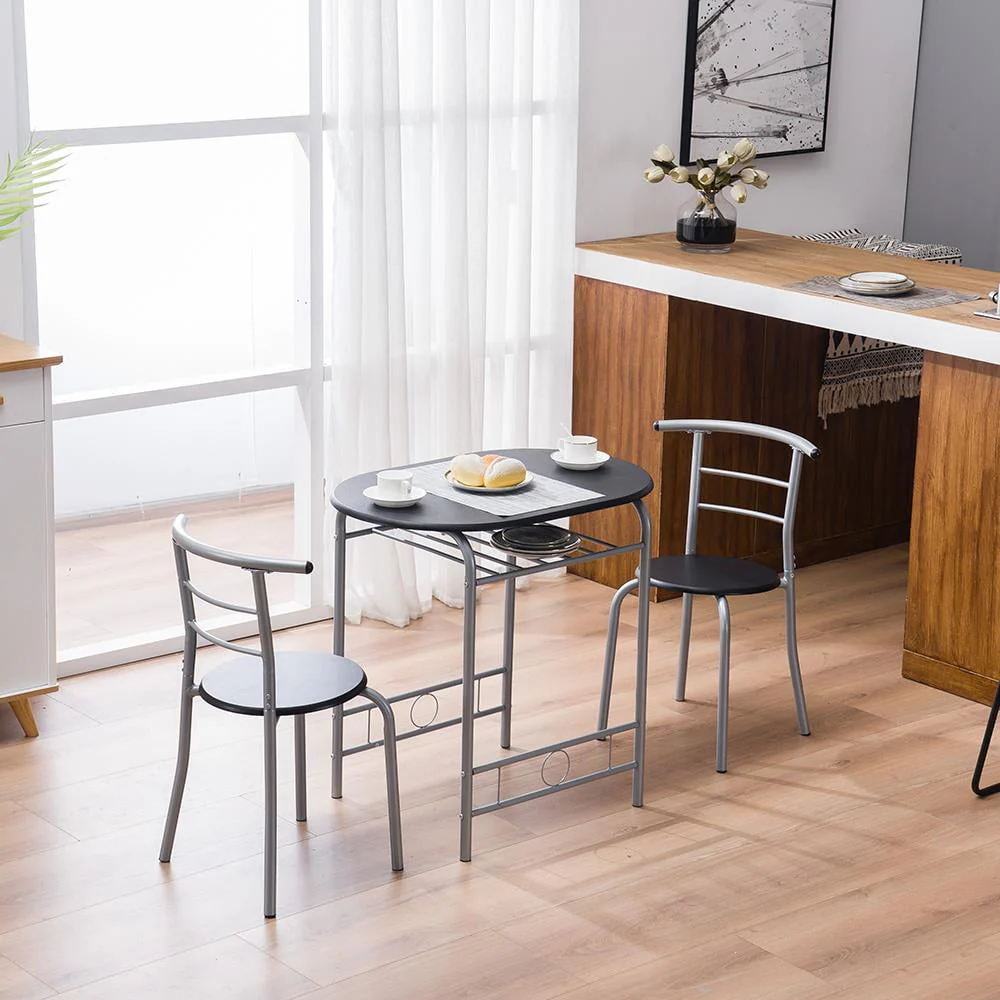 Zimtown 3 Piece Dining Set Compact 2 Chairs and Table Set with Metal Frame and Shelf Storage Bistro Pub Breakfast Space Saving for Apartment and Kitchen