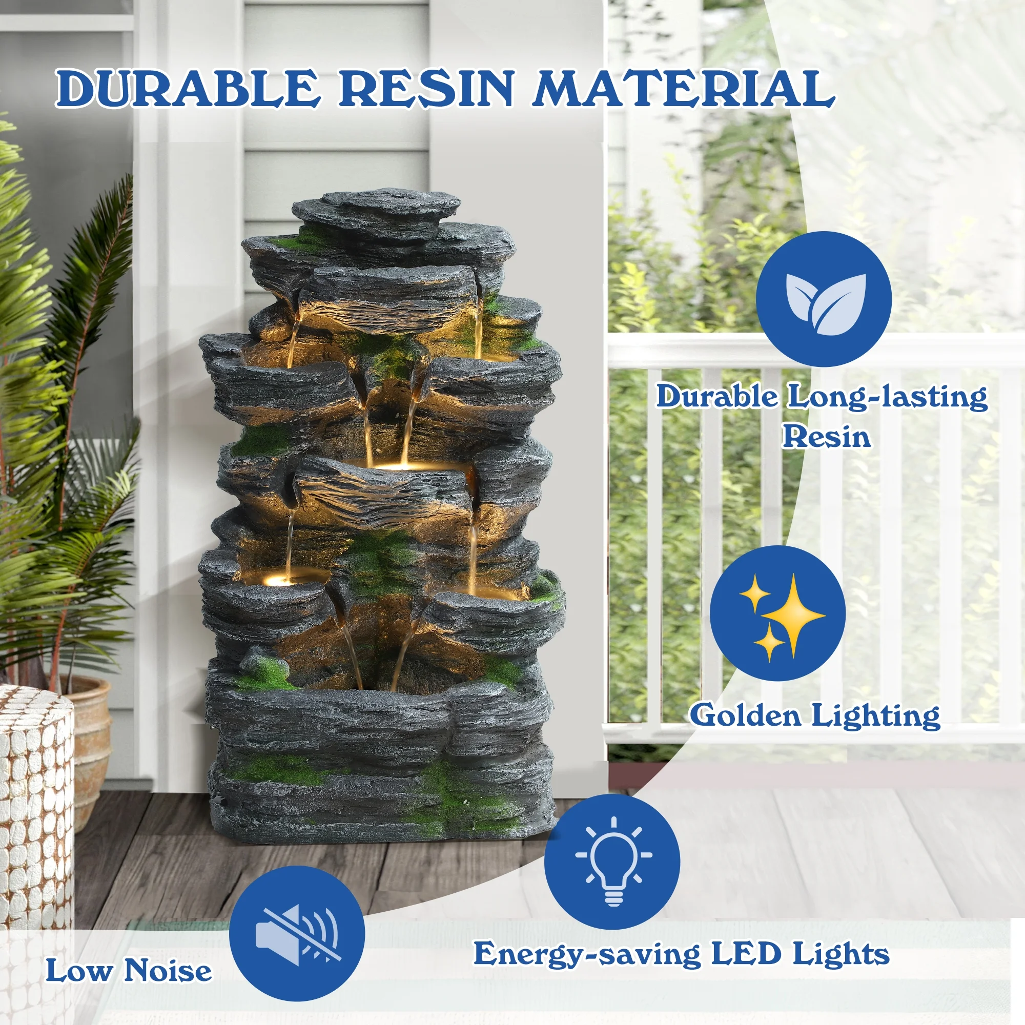 Magic Union 7-Tier Cascading Rock Water Fountain, 24" H Outdoor Freestanding Fountain with LED Lights and Pump, Outdoor Garden Waterfall Decor for Patio, Yard and Deck Decor, Natural Stone Look