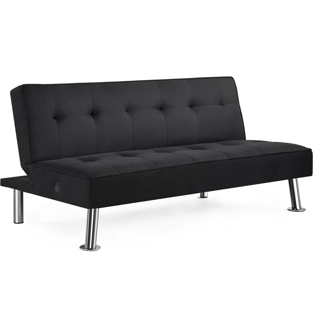 Alden Design 66" Modern Fabric Convertible Futon Sofa Bed with USB, Black