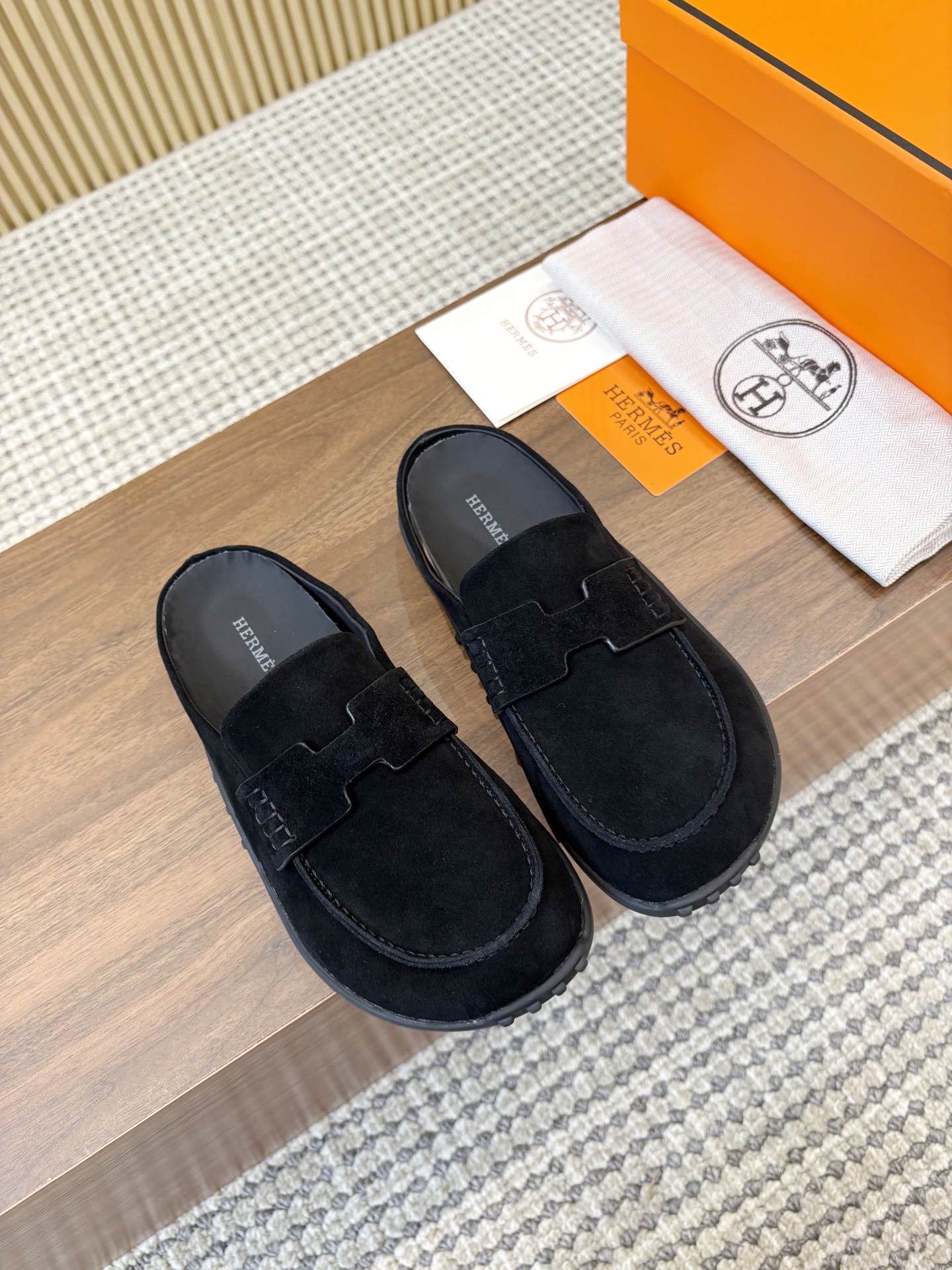 Hermès Black H Cut-Out Suede Leather Go Loafer Mules
