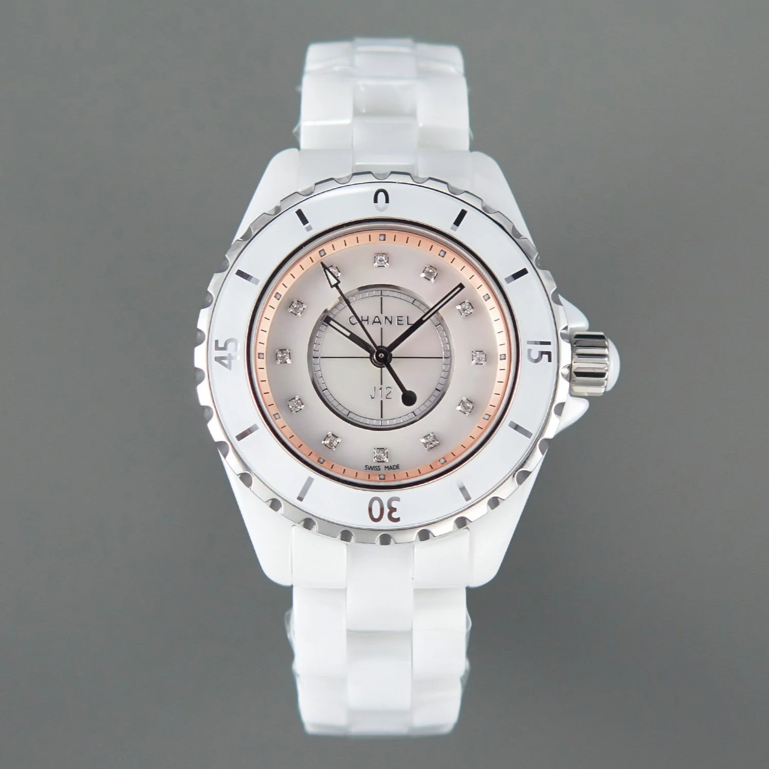 Chanel Watch J12 33mm Quartz White Ceramic Diamond Numerals Pink Mop Dial Watch