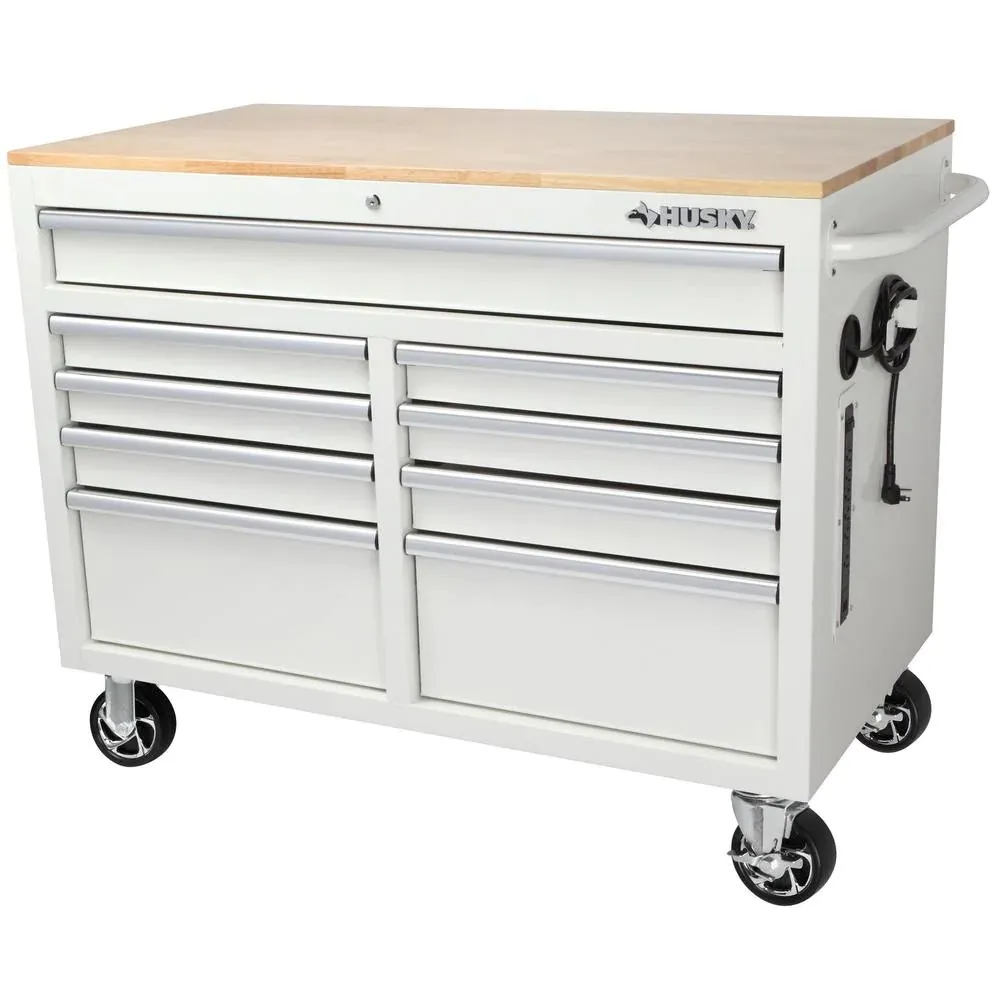 HuskyTool Storage 46 in. W x 24.5 in. D 9-Drawer Gloss Black Deep Tool Chest Mobile Workbench with Hardwood Top and Power Station