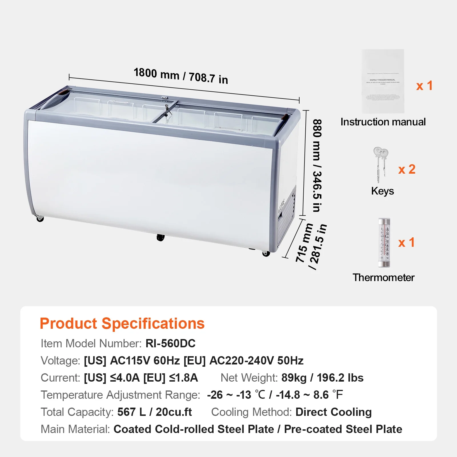 KFFKFF Professional Ice Cream Showcase, 13.1 Cu.ft Storage Freezer, Portable Transparent Lid Deep Freezer, Dining Establishment Sorbet Serving Cabinet with 8 Spacious Tubs