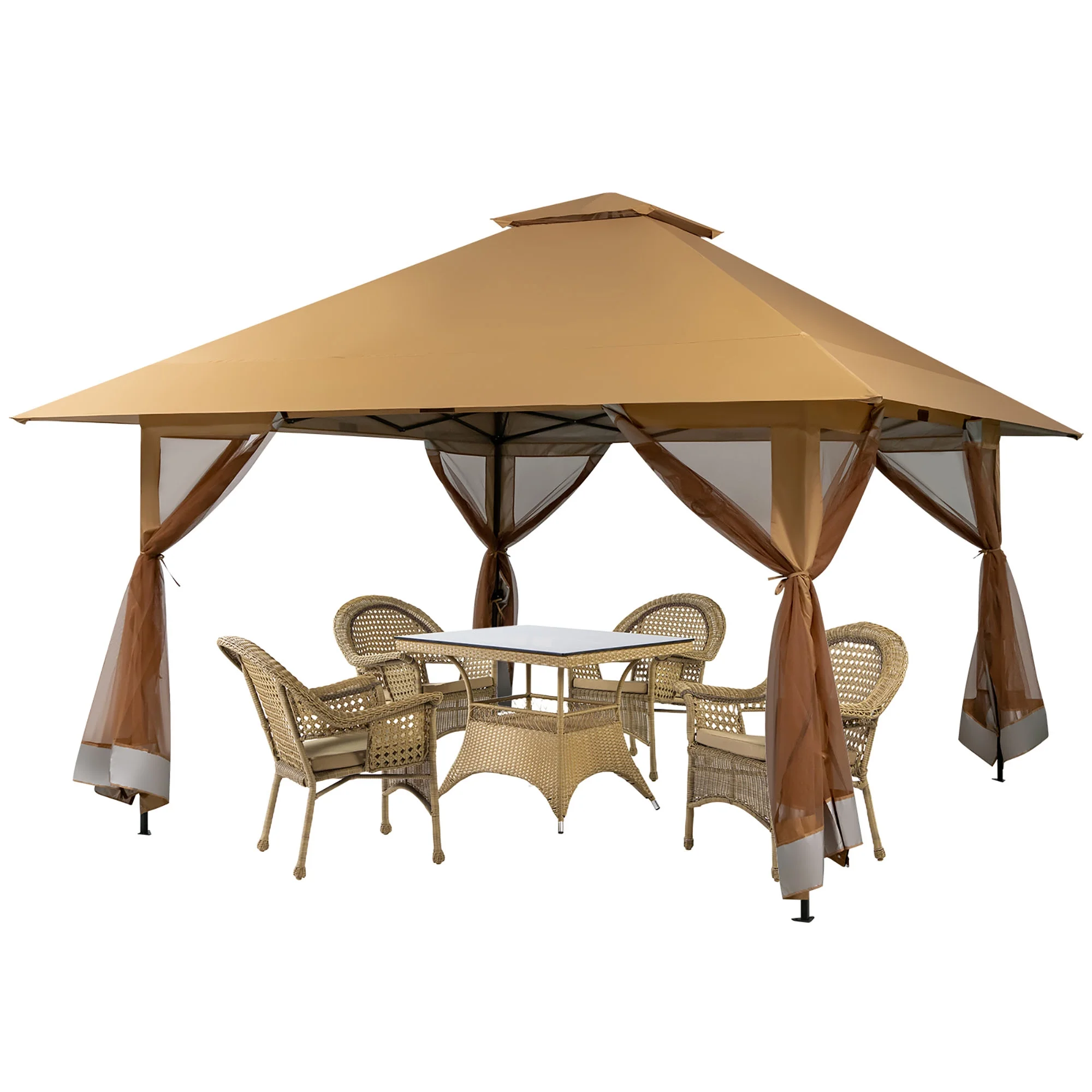 Gymax Outdoor Patio 13' x13' Pop Up Canopy Tent UV50+ Adjust Sun Protection w/ Mesh Sidewall Khaki