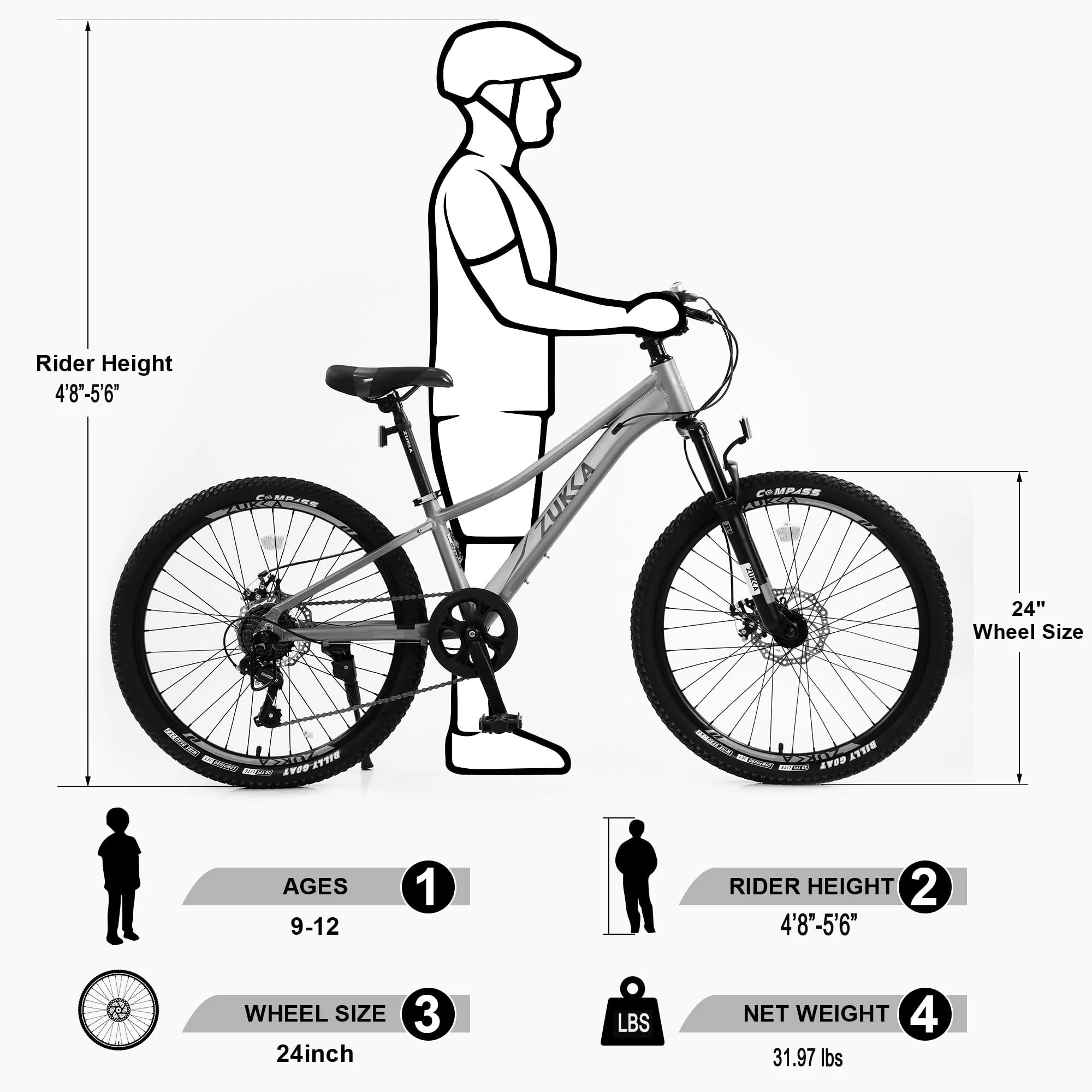 Meghna 7-Speed Mountain Bike for Girls Boys 24 inch Shimano Kids Bicycle Silver 9-12 Year Child
