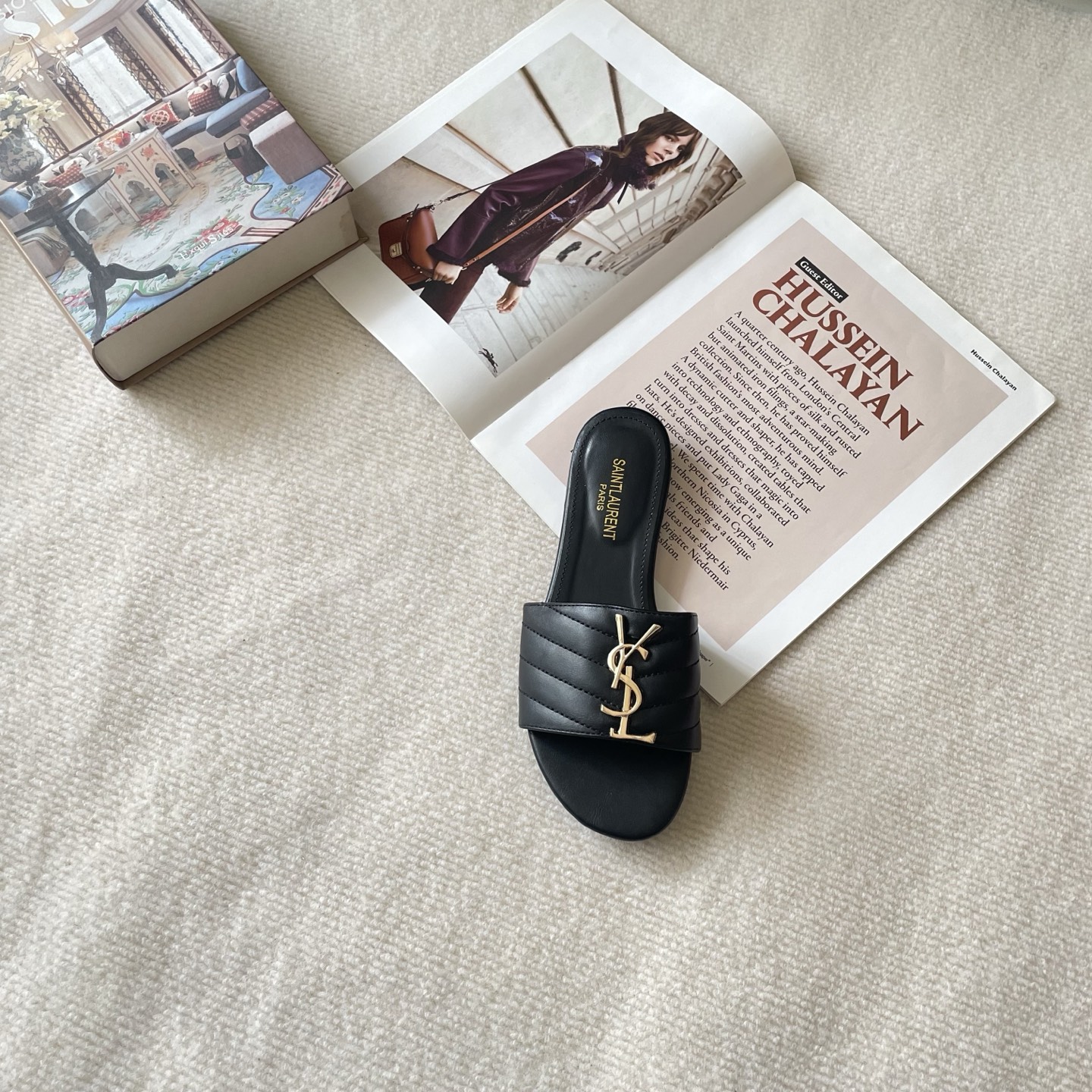 YSL 26P Embroidered Letter Flat Sandals