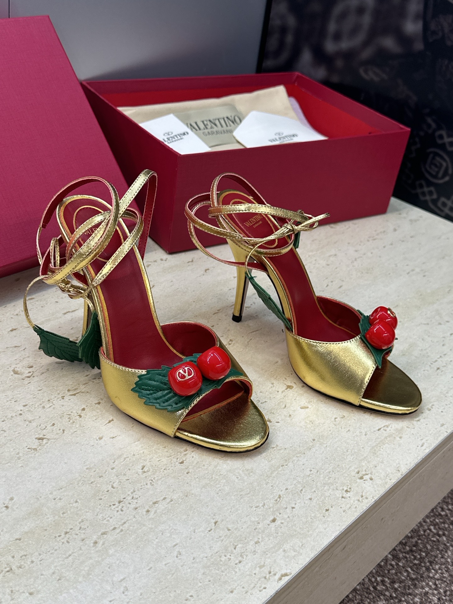 Valentino Garavani Gold Cherry Leather Leaf Charm Metallic Leather Stiletto Toe Heel Sandals