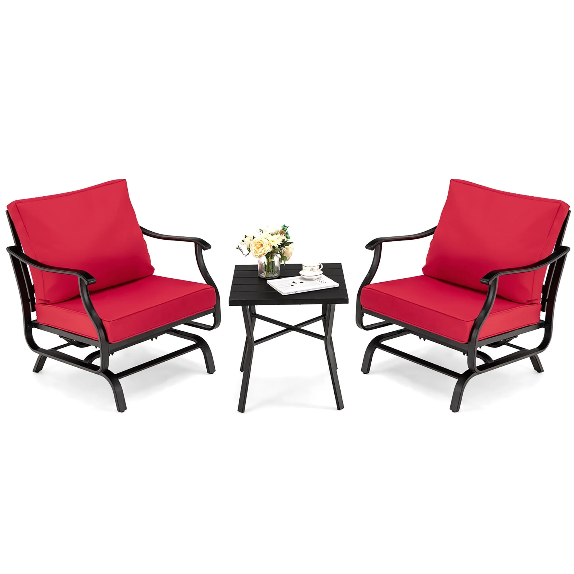 Costway 3PCS Patio Rocking Bistro Set Cushioned Chair Armrest Side Table Red