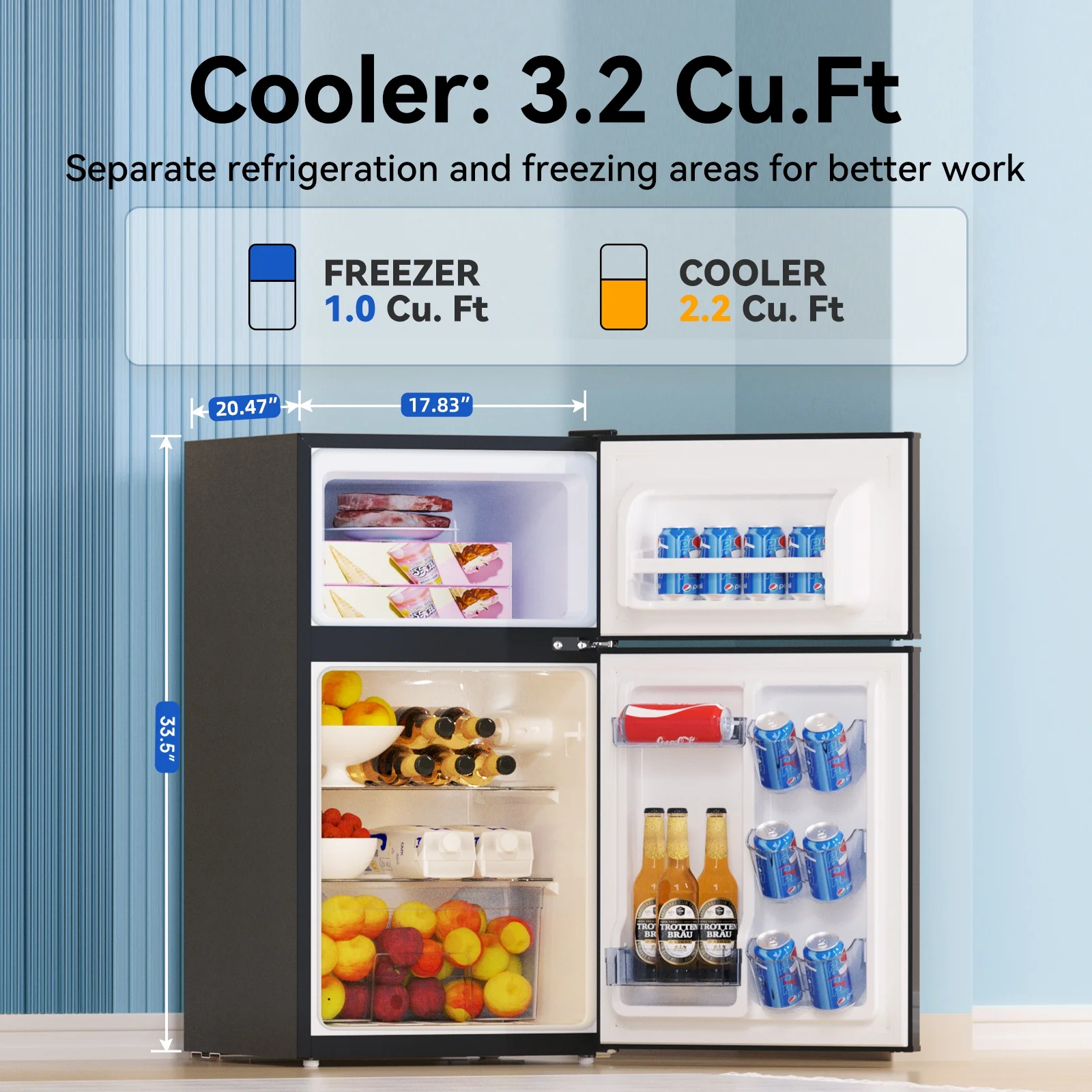 Frestec 3.2 Cu.Ft Compact Refrigerator, 2 Door, Black, Energy-Saving, Quiet, Mini Fridge