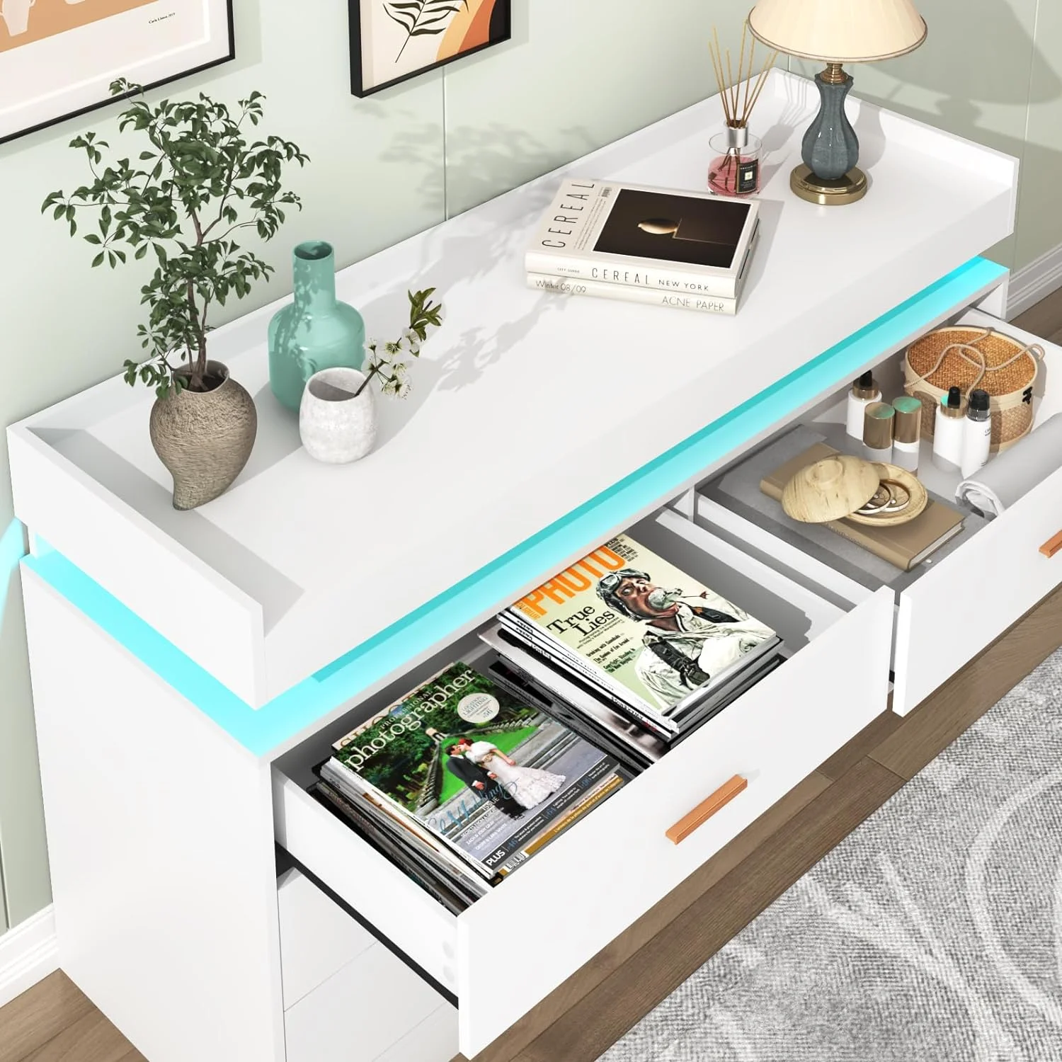 ChVans White Dresser with LED Light and Charging Station, Modern Wood Dresser with Wide Drawers and Metal Handles, 6 drawer dresser for Bedroom, Living Room, Entryway, Hallway