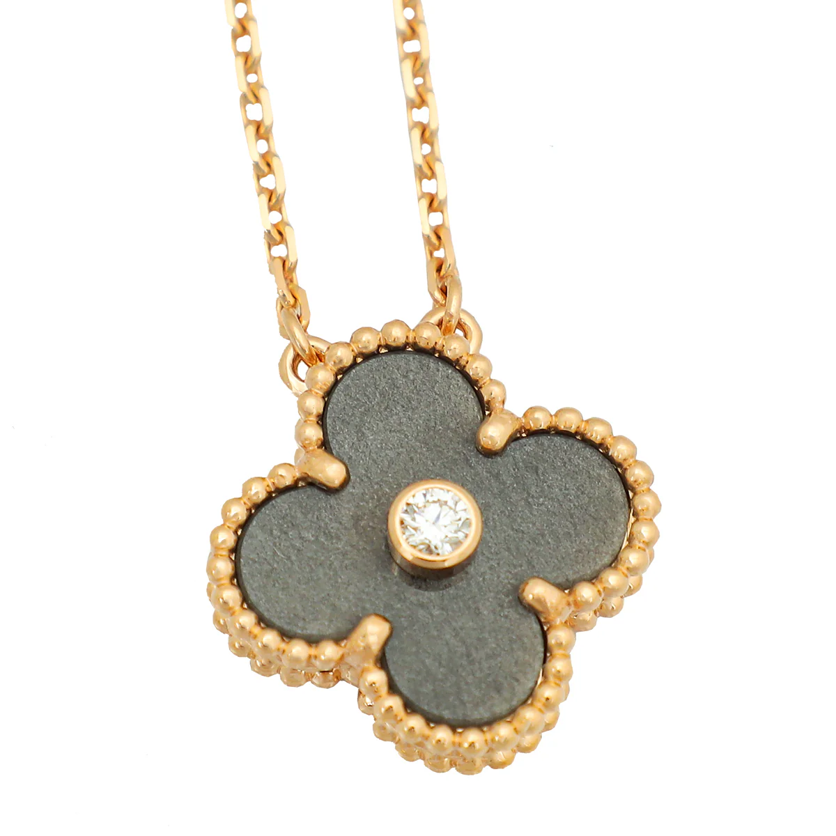 Van Cleef & Arpels 18K Rose Gold Silver Obsidian Vintage Diamond Alhambra Holiday Pendant Necklace