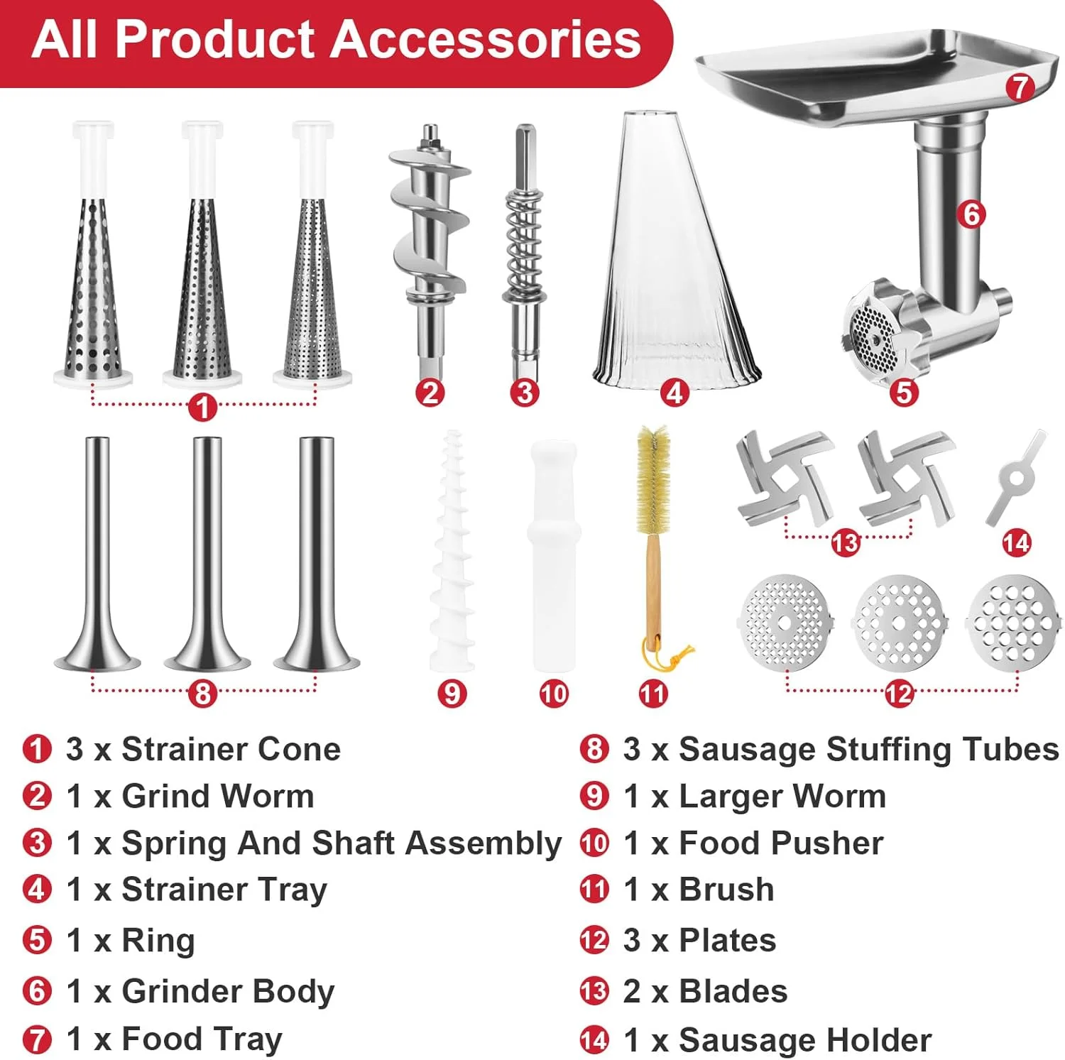 Fruit & Vegetable Strainer Attachment and Food Meat Grinder Attachment for Kitchenaid Stand Mixer with Sausage Stuffer Tubes and Fruits Juicer Auger Strainer