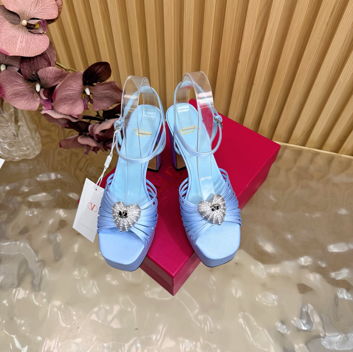 Valentino Garavani Sky Blue VLogo Crystal Brooch Satin Multi Straps Platform Square Toe Chunky Heel Sandals