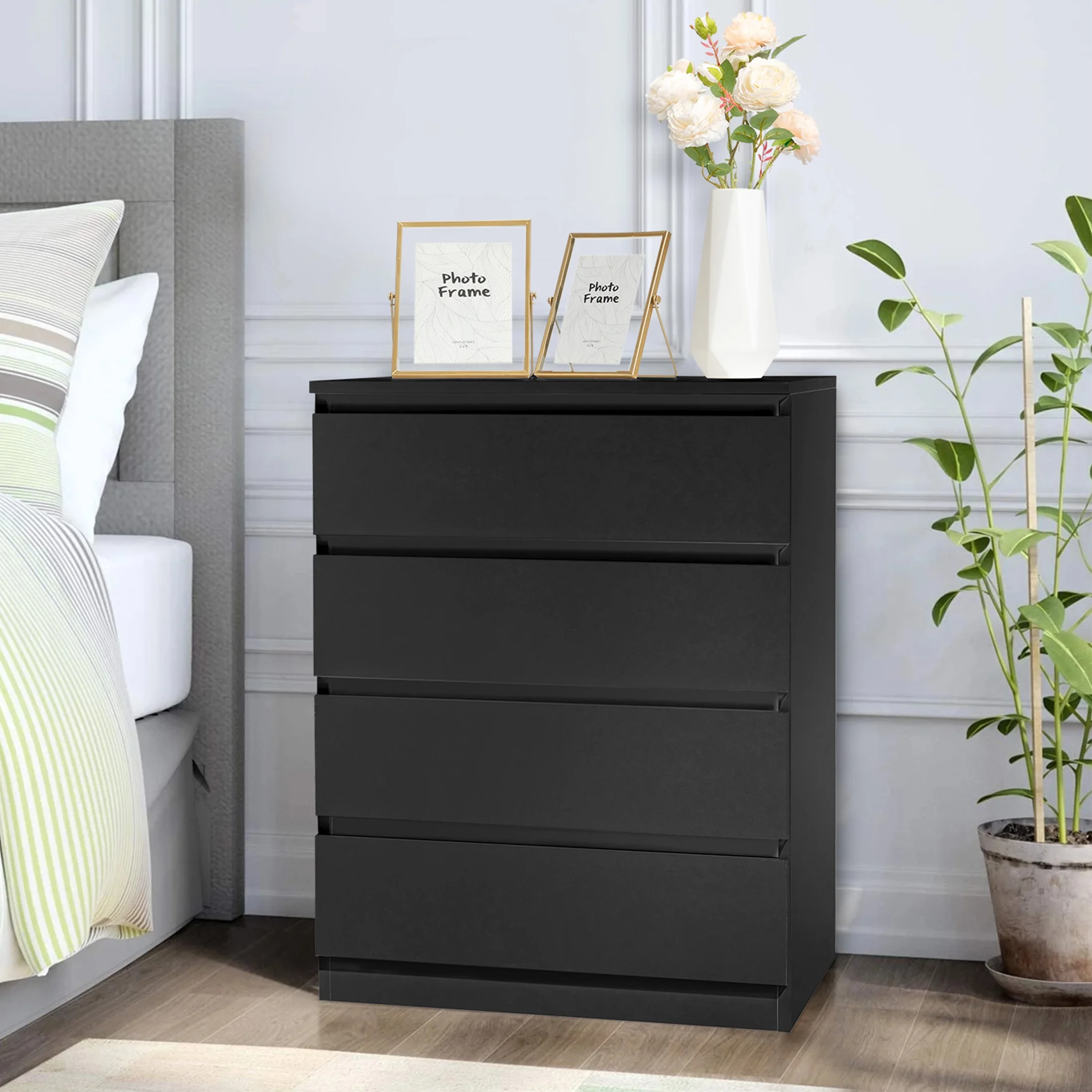 UHOMEPRO Black 4 Drawer Dresser, Modern Wood Night Stand Chest Organizer with 4 Drawers for Bedroom, Simple Design Chest of Drawers for Family Room and Bedroom, Black