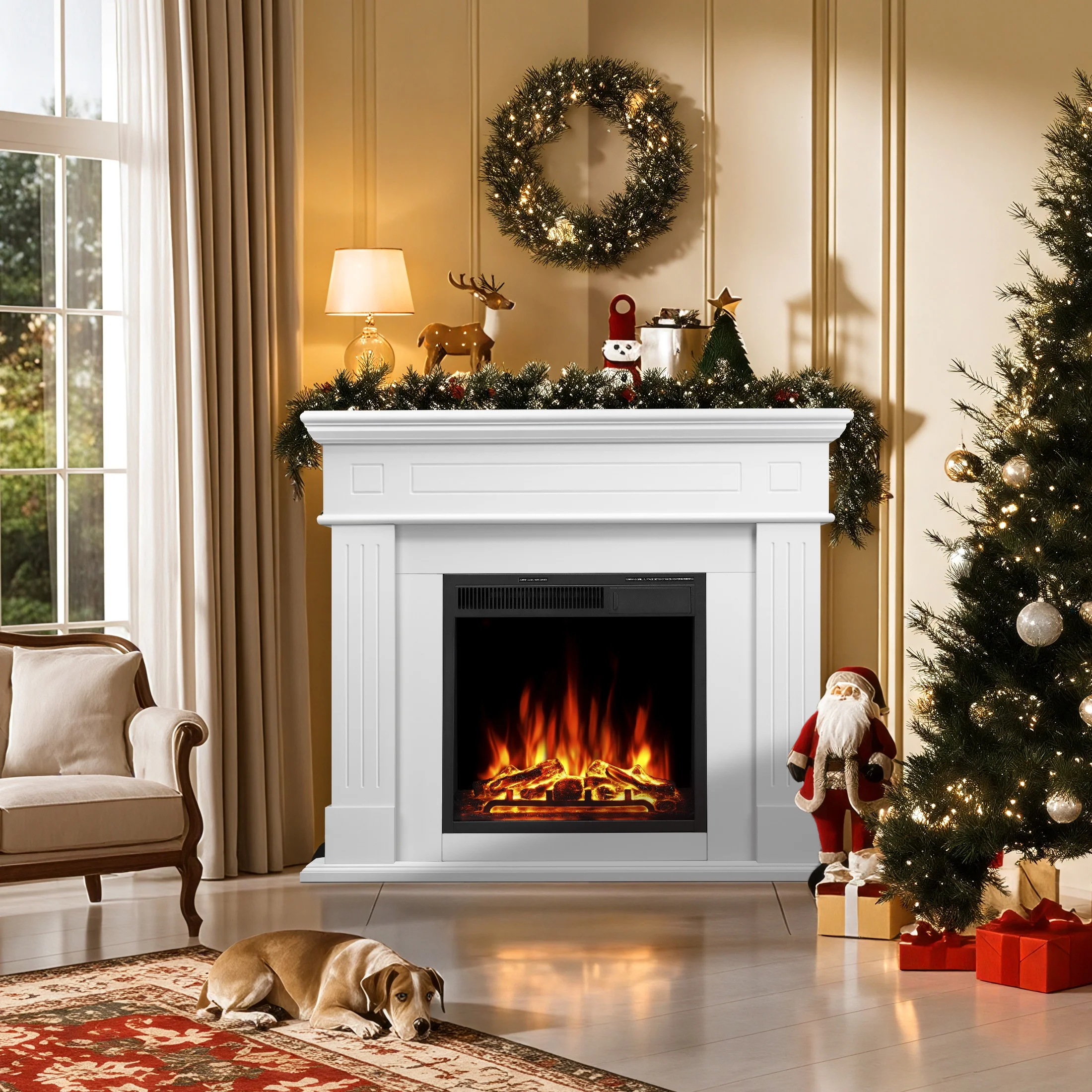 KISSAIR 44" Electric Fireplace TV Stand, Freestanding Fireplace Heater with Remote Control for Living Room, Bedroom, White