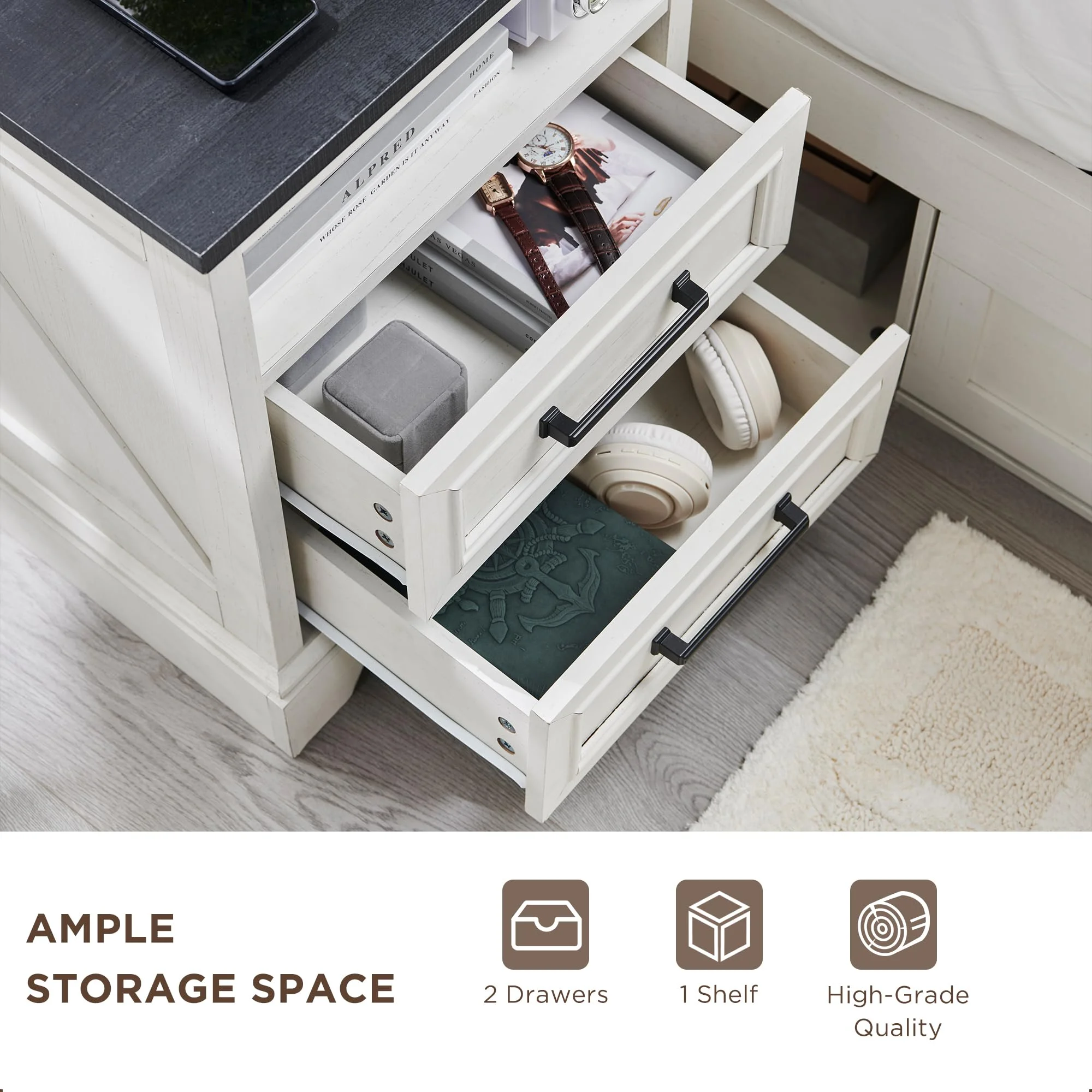 ACCOHOHO Nightstands Set of 2 with Charging Station, Rustic End Table with 2 Drawers Farmhouse Side Table with 3-tier Storage for Bedroom Living Room, White