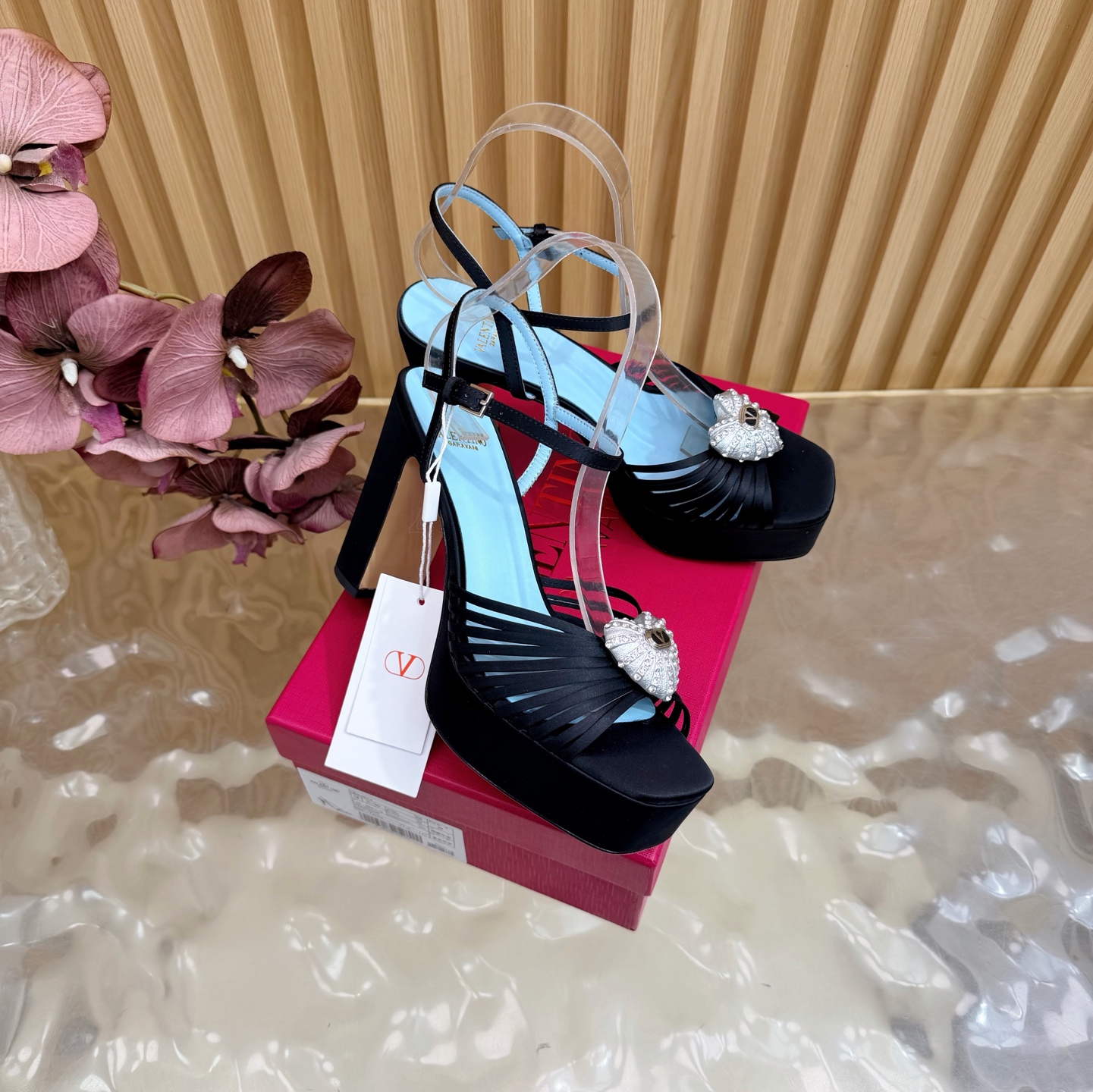 Valentino Garavani Black VLogo Crystal Brooch Satin Multi Straps Platform Square Toe Chunky Heel Sandals