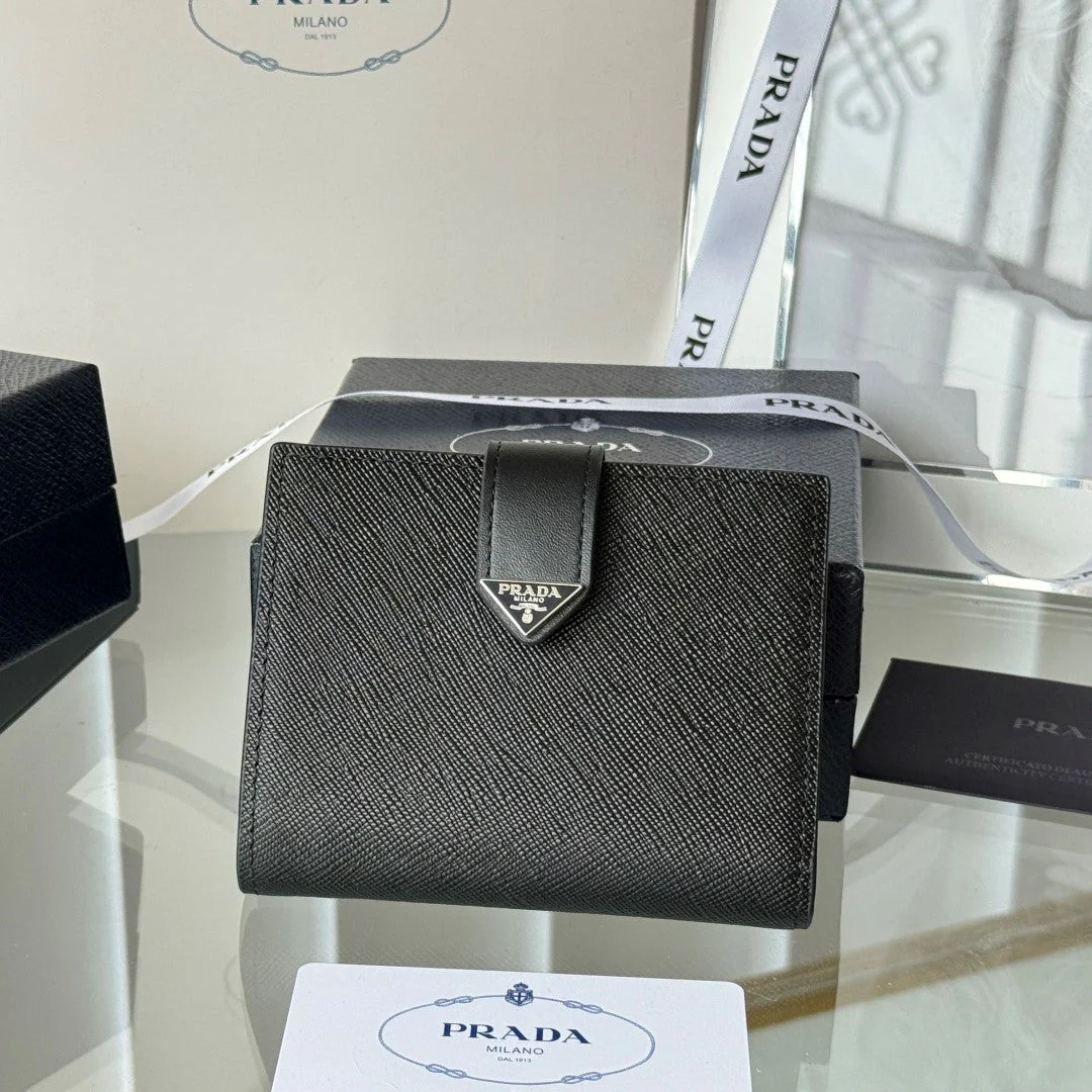 Prada 1MV204 Small Wallet Black Silver Tone Saffiano & Smooth Leather