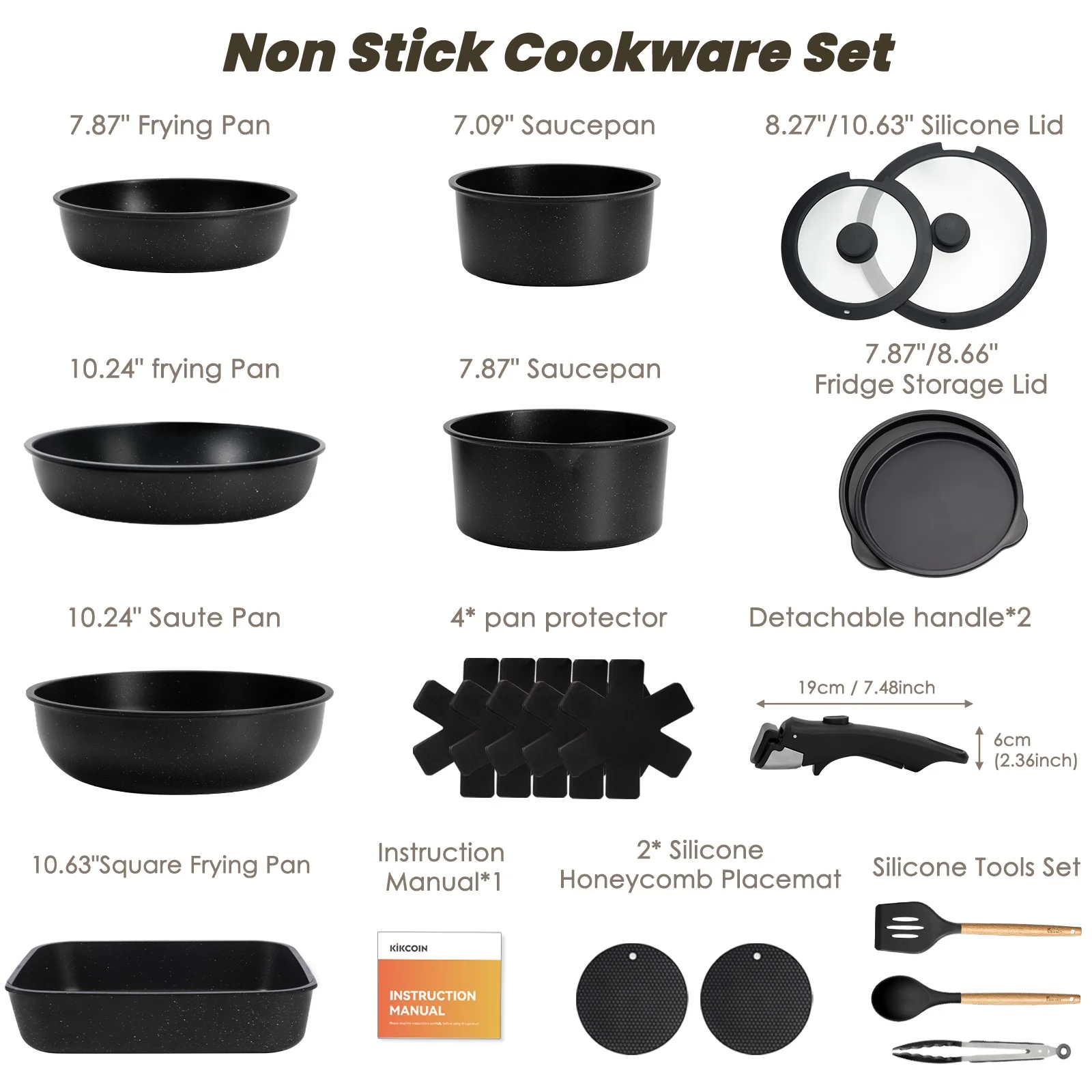 Kikcoin 21 pieces Pots and Pans Set Non-toxic, 6 Nonstick pots Cookware Set with Detachable Handles, Dishwasher Safe(Black)