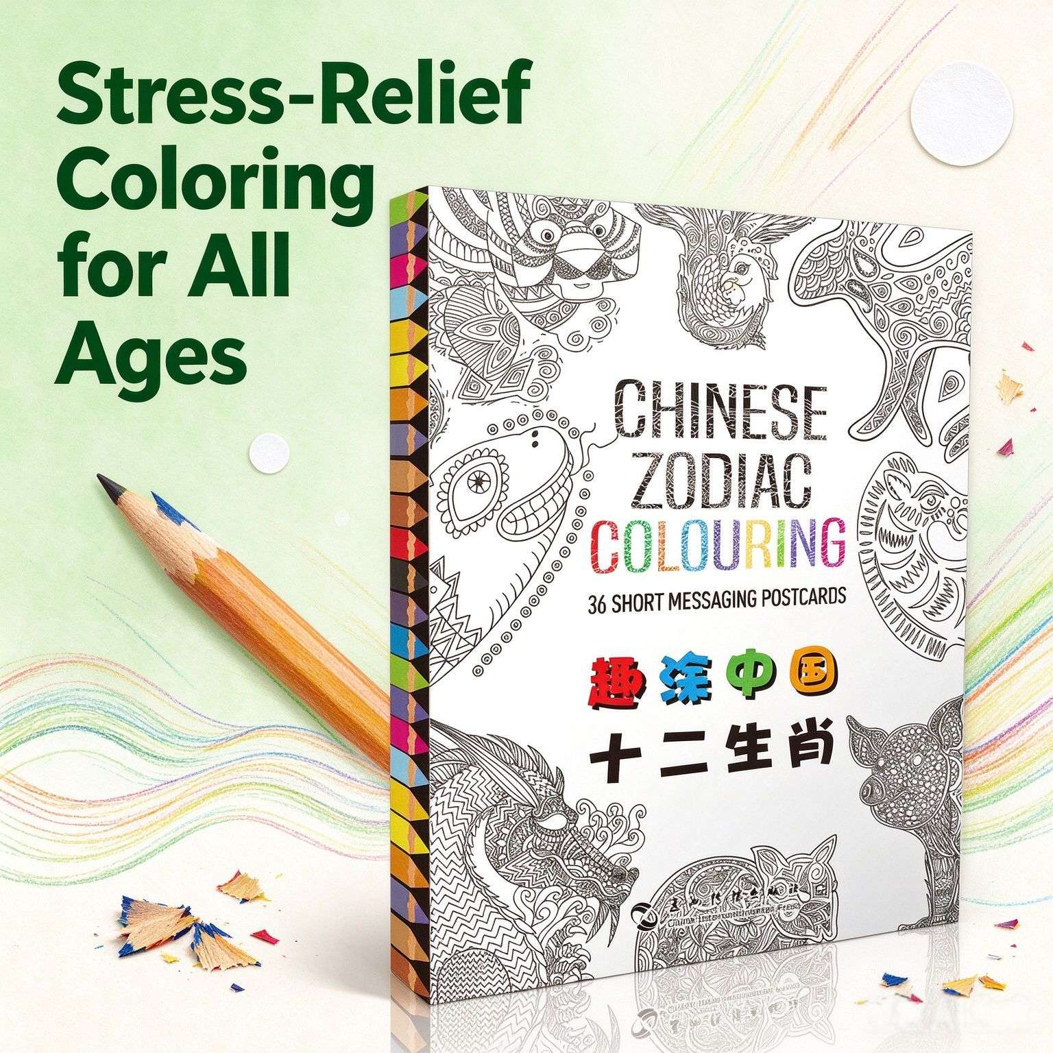 Chinese Zodiac Colouring: 36 Short Messaging Postcards (Bilingual Chinese-English)