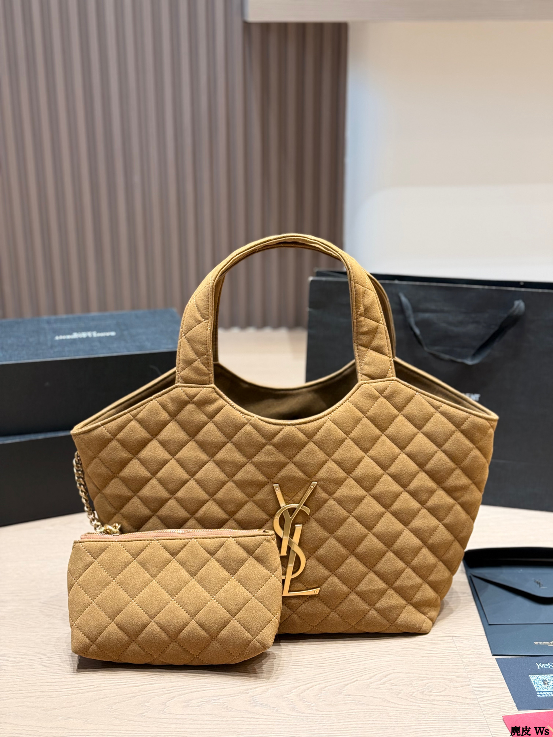 YSL Icare Maxi/Small Camel Monogram Quilted Suede Leather Tote Bag With Pouch