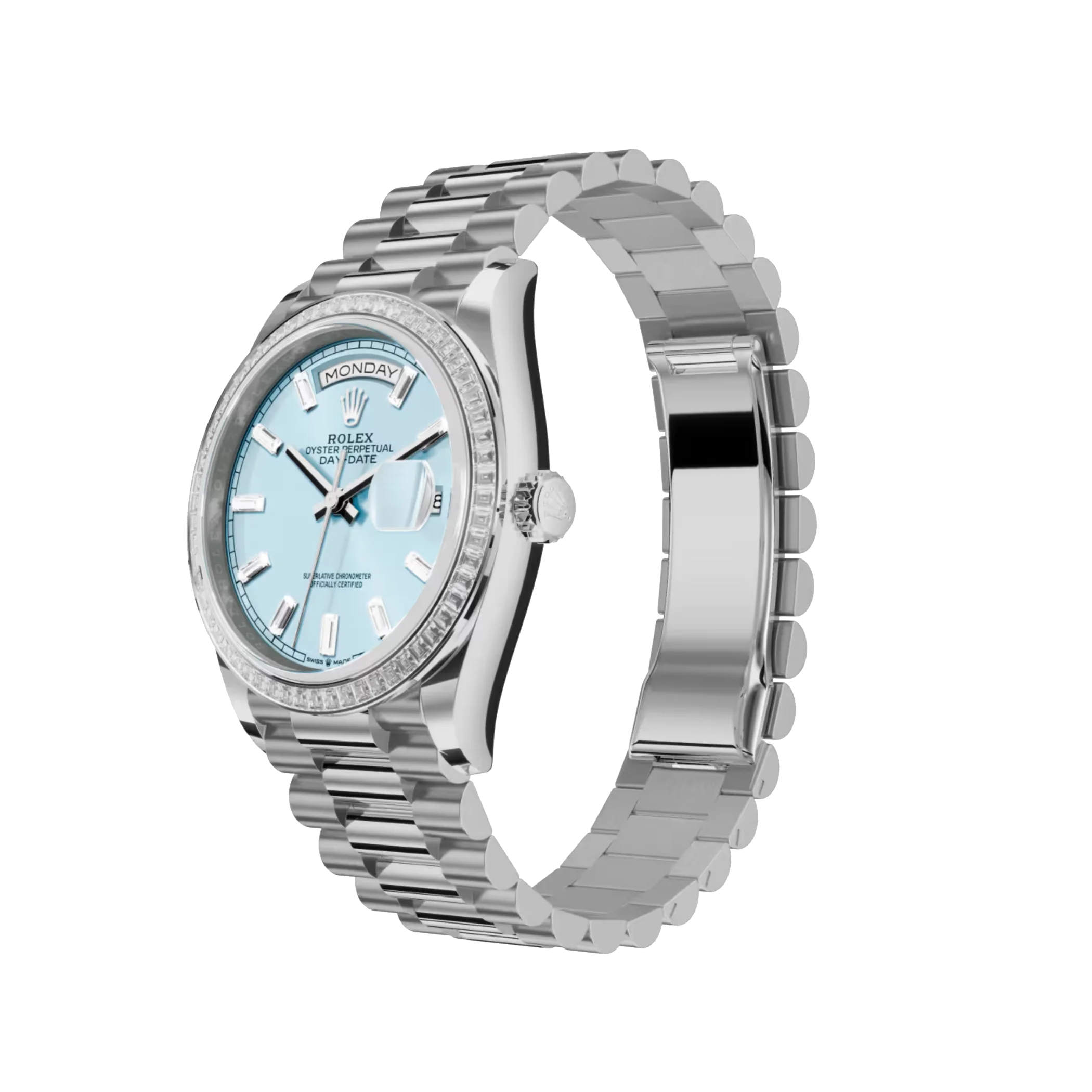 Rolex Day-Date: platinum, ice-blue, diamond-set dial, diamond-set bezel and a President bracelet, m128396tbr-0003