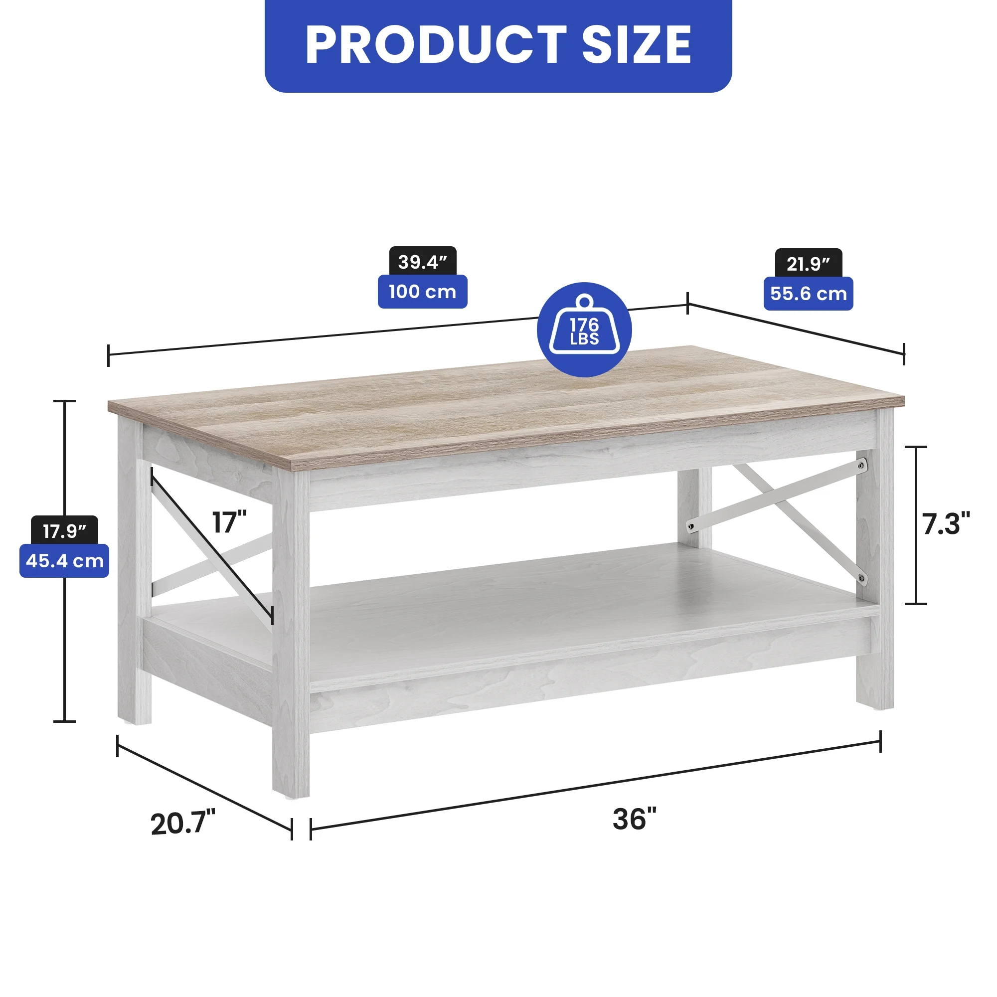 Wooflex Rustic Wood Coffee Table with 2-Tier Storage Shelf, Rectangle Design for Living Room or Home Office