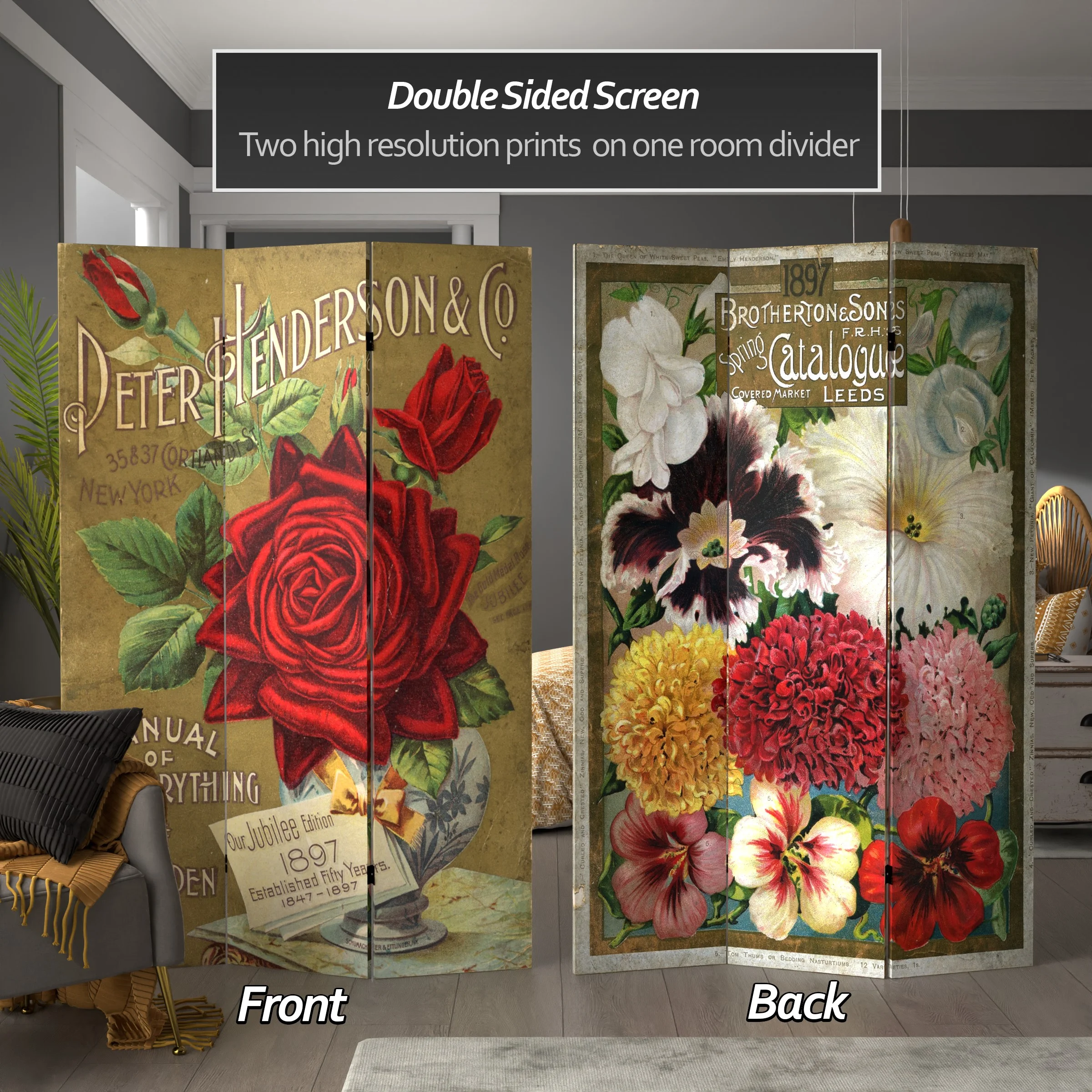 Oriental Furniture 6 ft. Tall Flower Seeds Canvas Room Divider - Roses - 3 Panel
