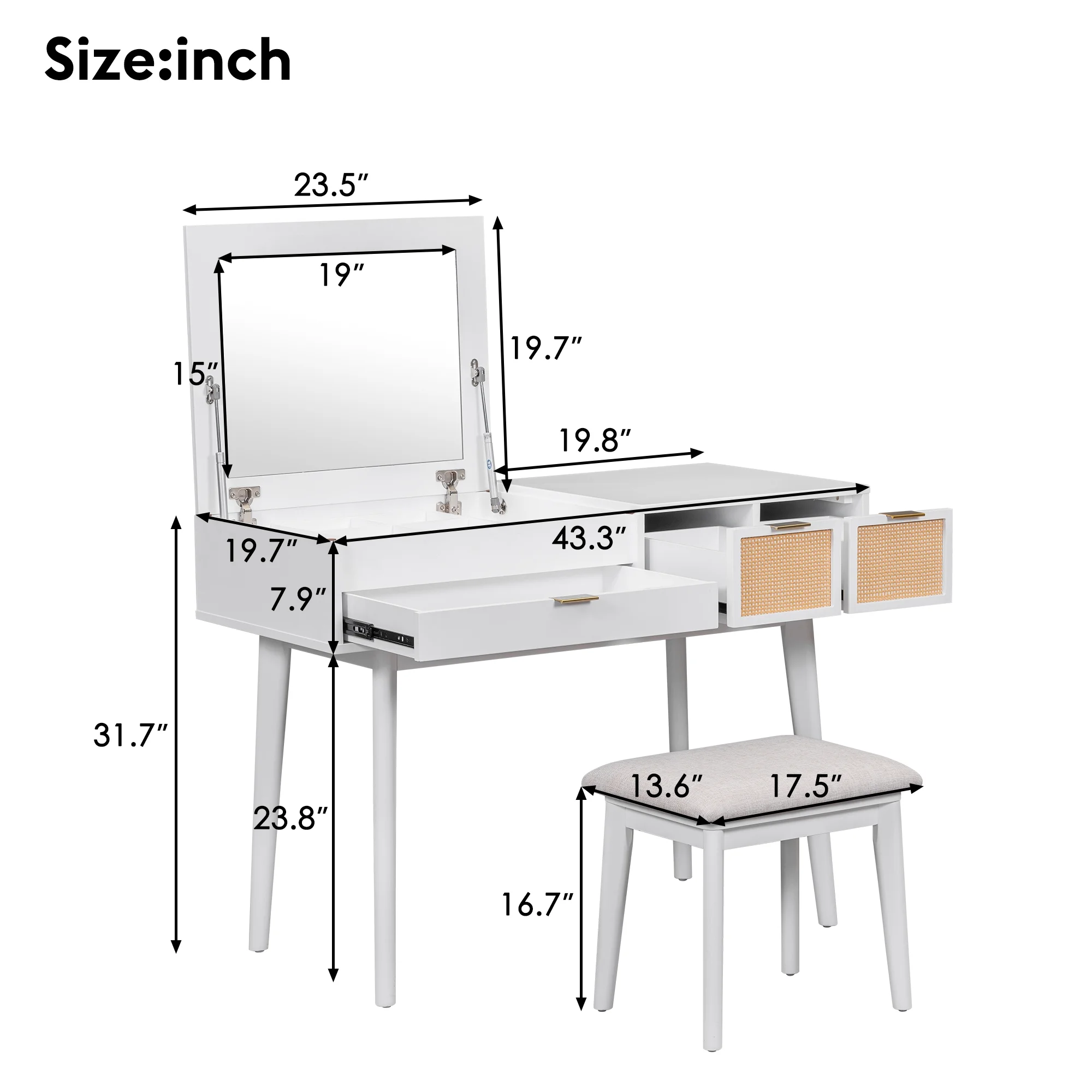 Harper & Bright Designs 43.3" White Vanity Desk with Flip-top Mirror , Makeup Vanity Table Set with Stool , Dressing Table with Drawers and storage space for Bedroom