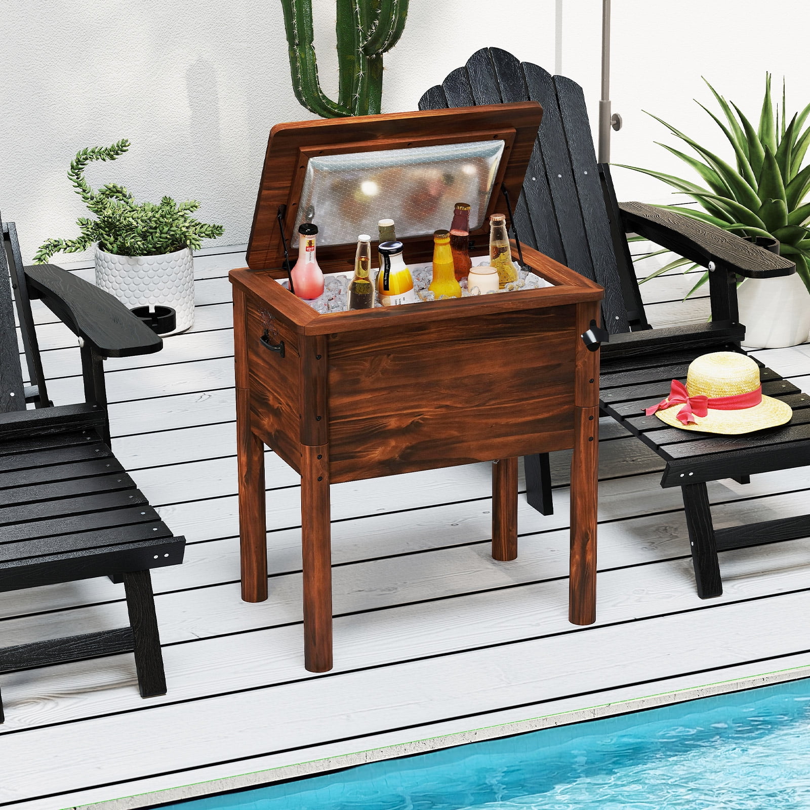 Gymax Wooden Cooler for Patio 54 Quart Beverage Cooler w/ Handles Rustic Brown