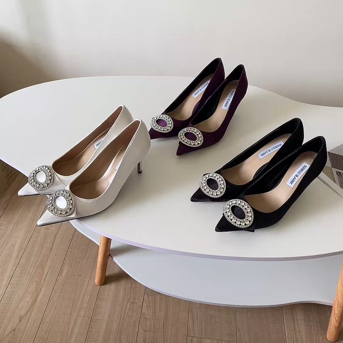 Manolo Blahnik Satin Crystal Oval Buckle Pumps