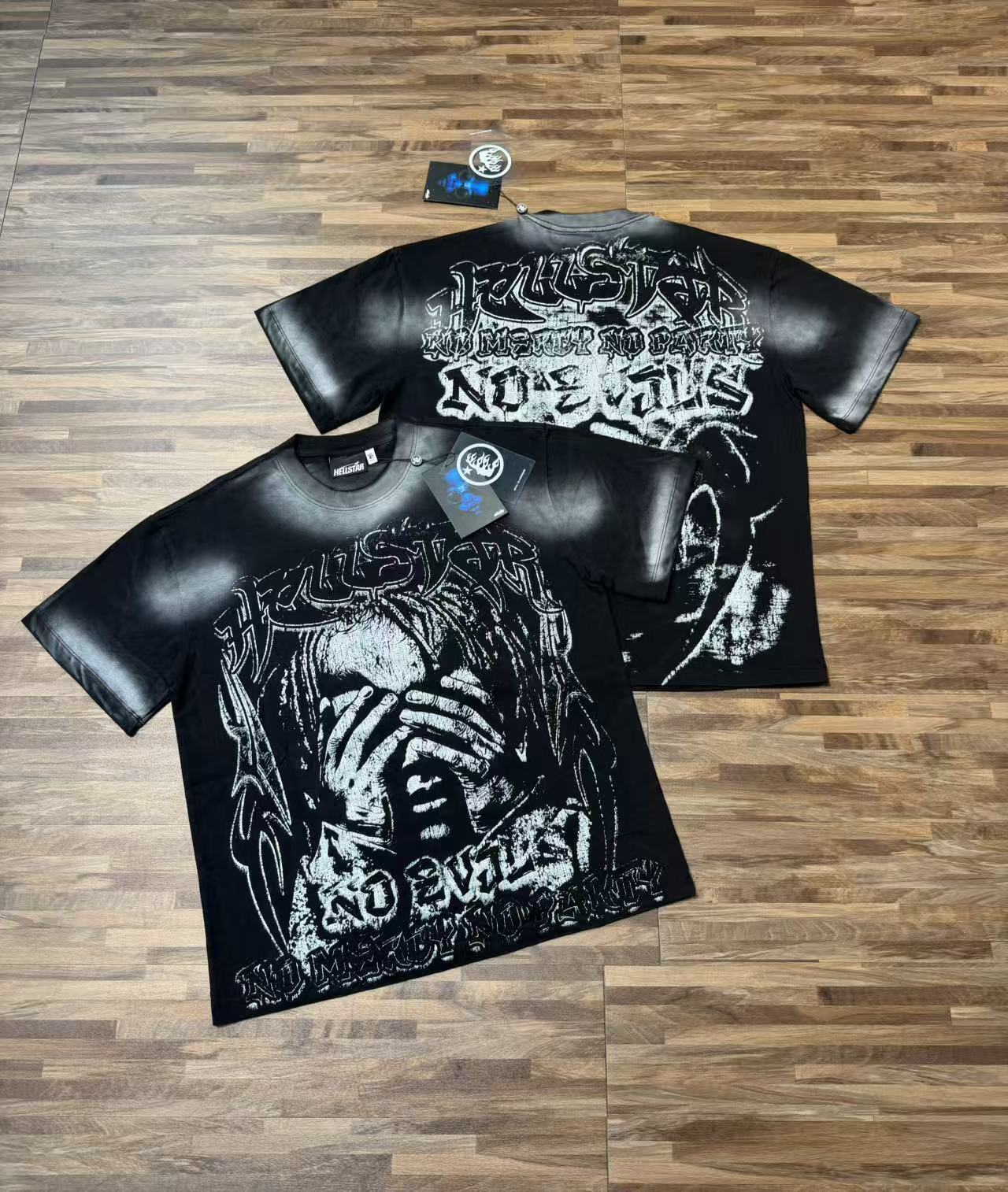 Dark and edgy braided dreadlock boy with eye-covering print T-shirt