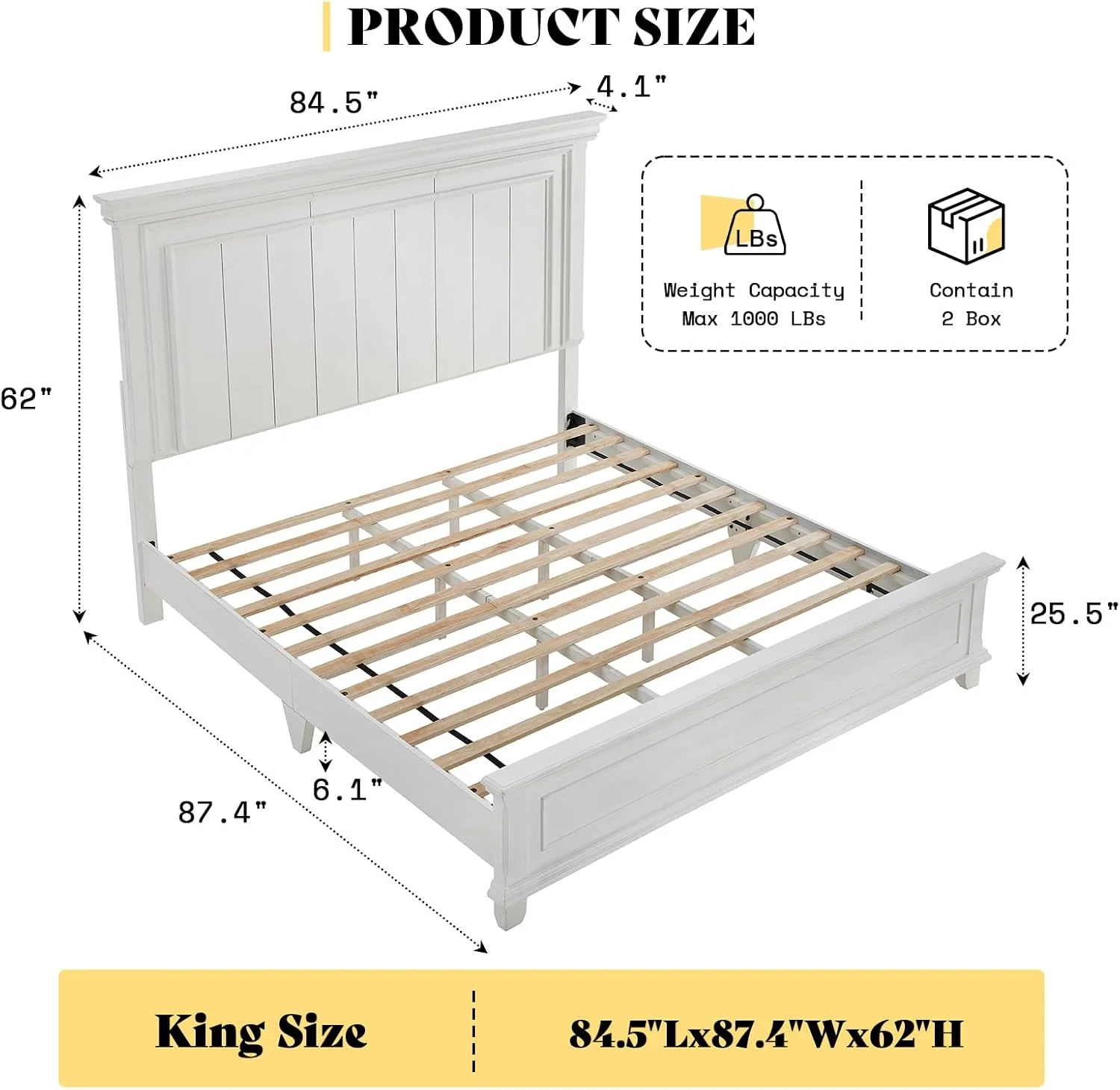 Amerlife King Size Solid Wood Bed Frame with Farmhouse Headboard & 12-Slat Support, Distressed White