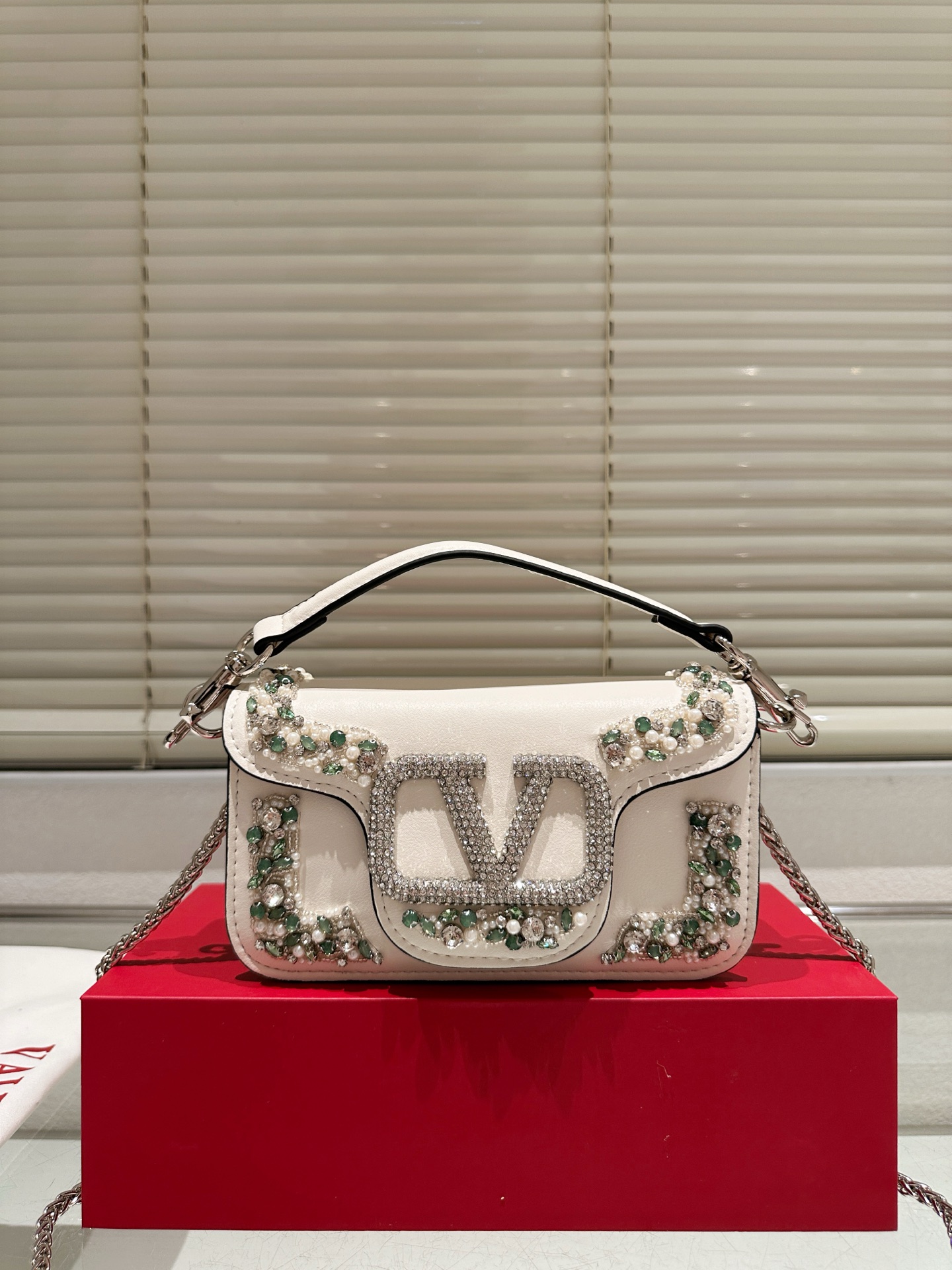 Valentino Loco Jewel Small Leather Crystal Pearl Bead-Embroidered VLogo Flap Chain Horizontal Shoulder Bag