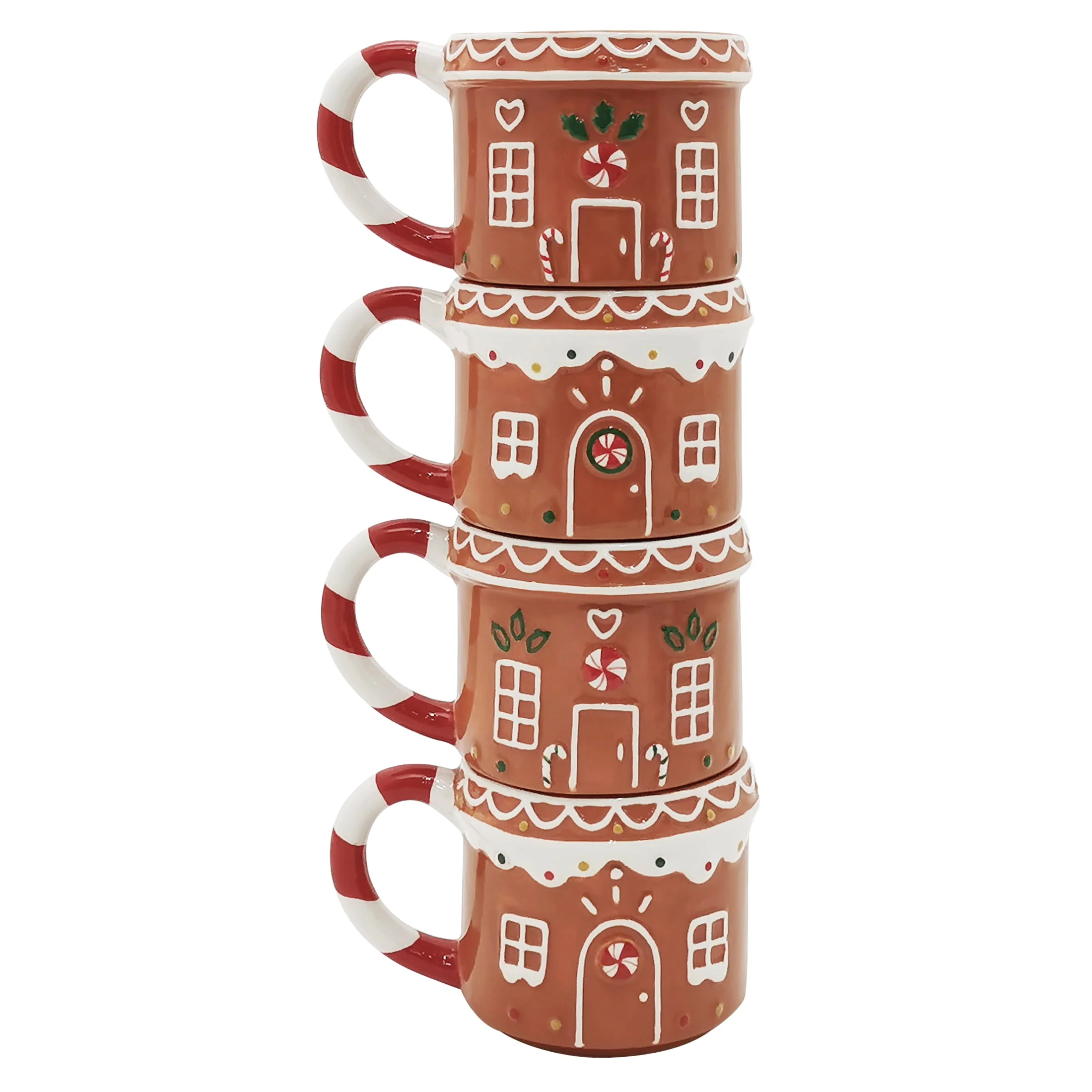 Holiday Time Gingerbread House Stackable Stoneware Mug with Metal Rack Set,  Multi Color