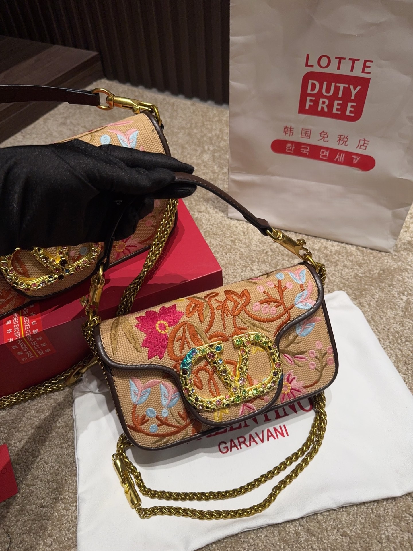 Valentino Caramel Multicolor Floral Embroidered Canvas Crystal VLogo Rectangular Flap Chain Shoulder Bag