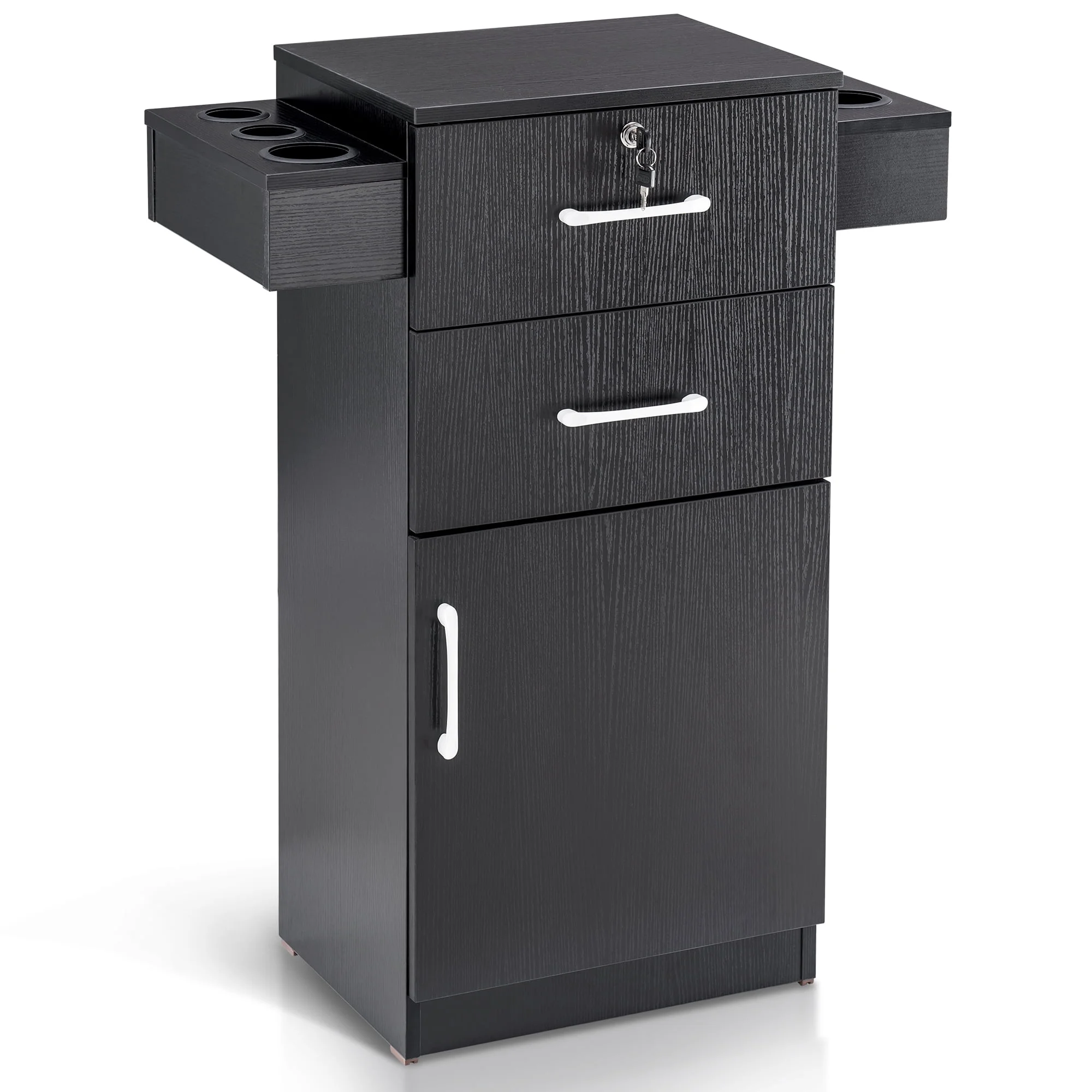 BarberPub Locking Wood Storage Station, 2 Drawers Cabinet for Beauty Salon Black 2021(Black)