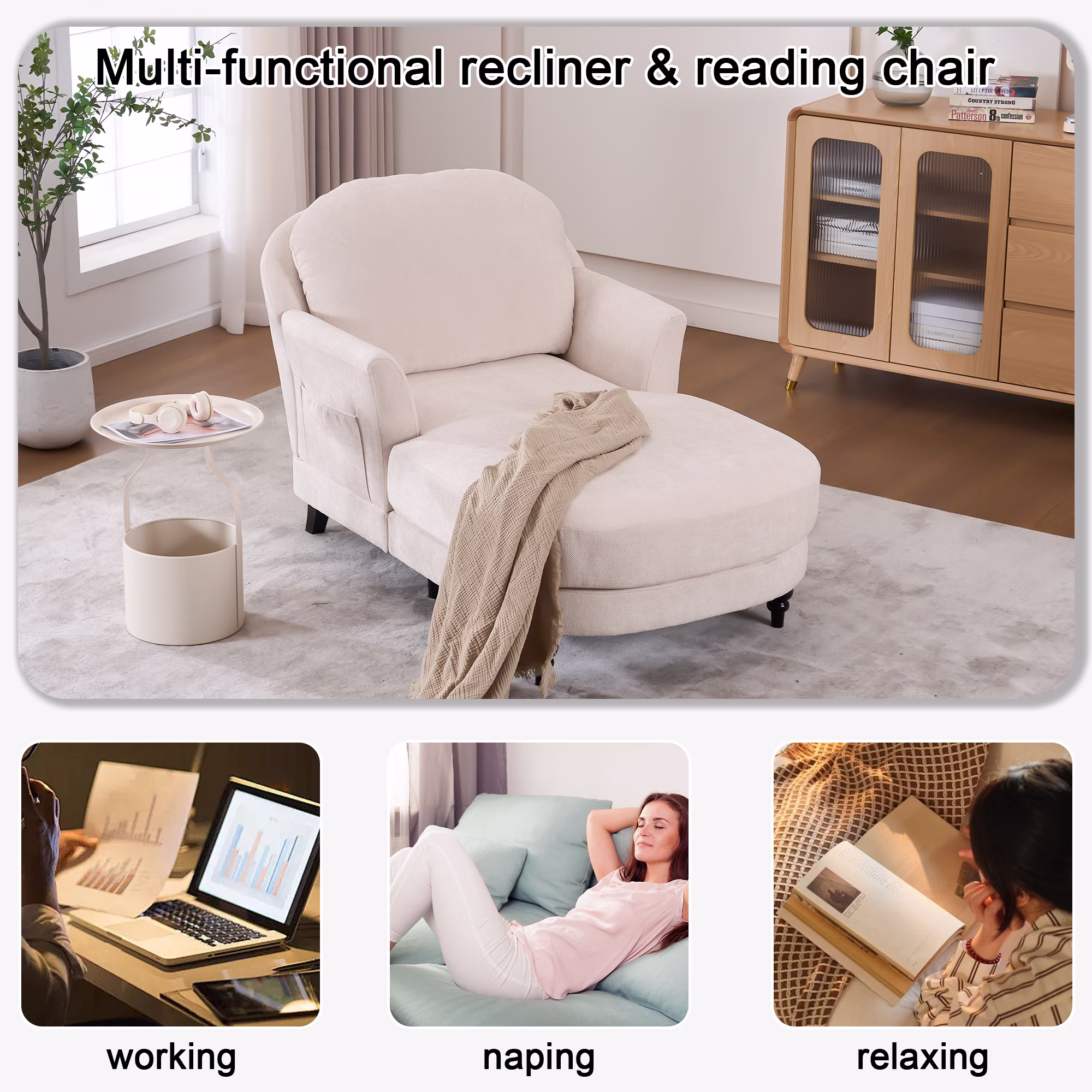 Upholstered Chaise Lounge, Comfy Linen Single Sofa Chair, Living Room Bedroom Rest Chair，Beige