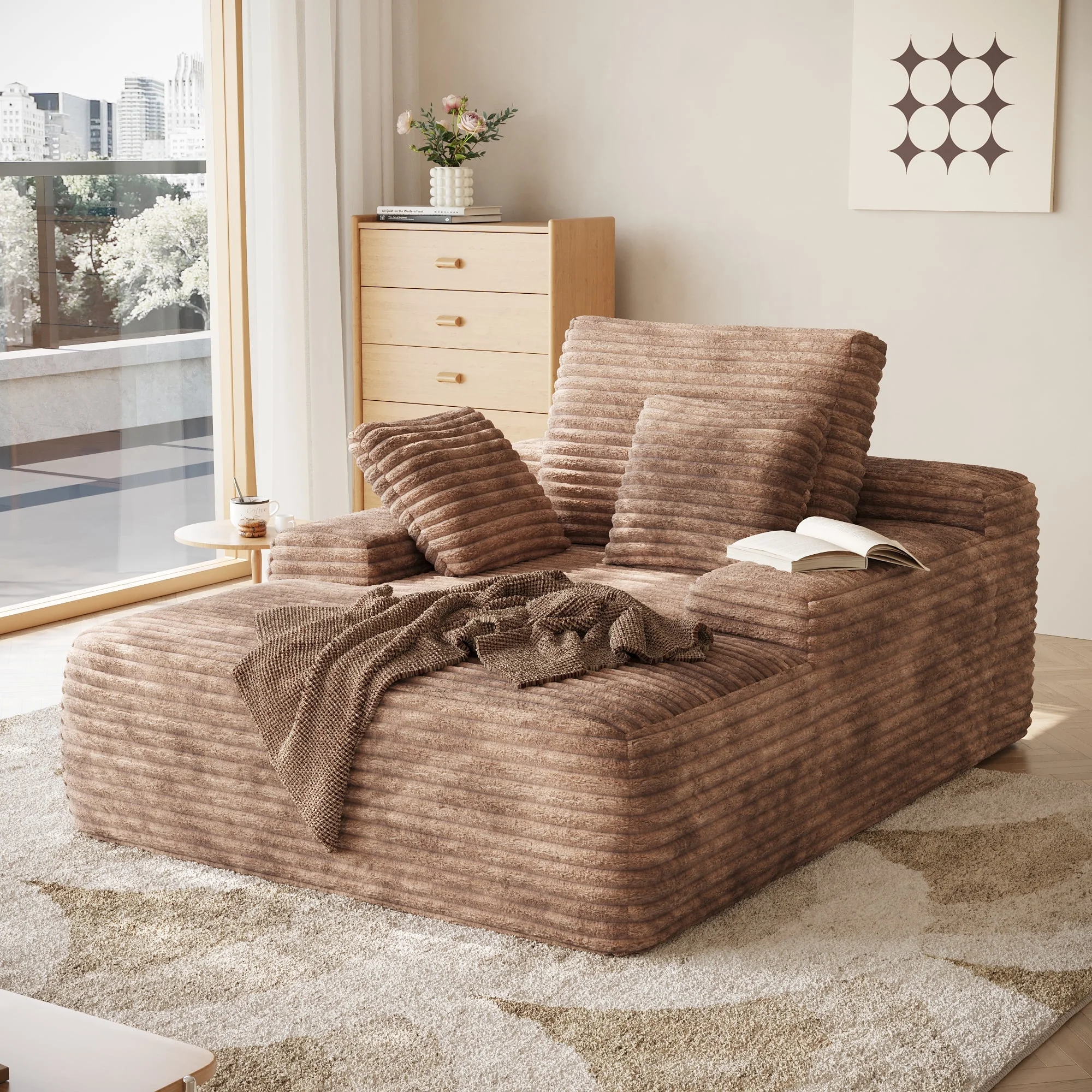 Sodrens Oversized Chaise Lounge Chair Indoor,Upholstered Sofa Bed with Throw Pillows and Armrests,Sleeper Chair for Living Room,Bedroom,Brown,Corduroy