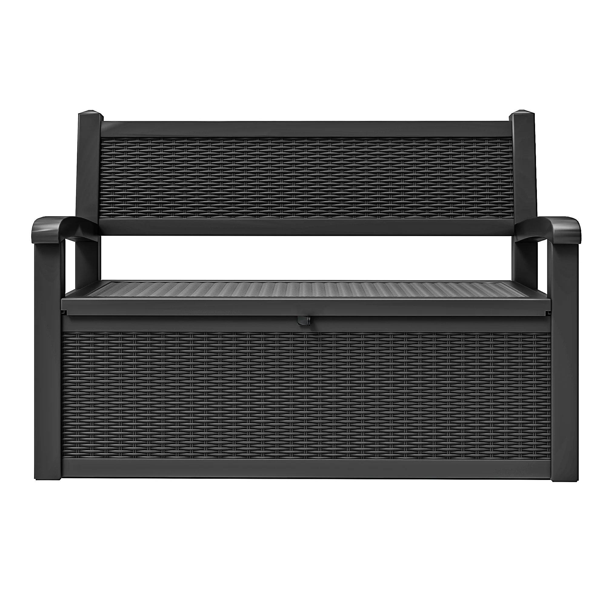 ModFusion 70-Gallon Outdoor Resin Storage Cabinet with Rattan Backrest C Waterproof Patio Bench Seat, 500 lbs Capacity, Black